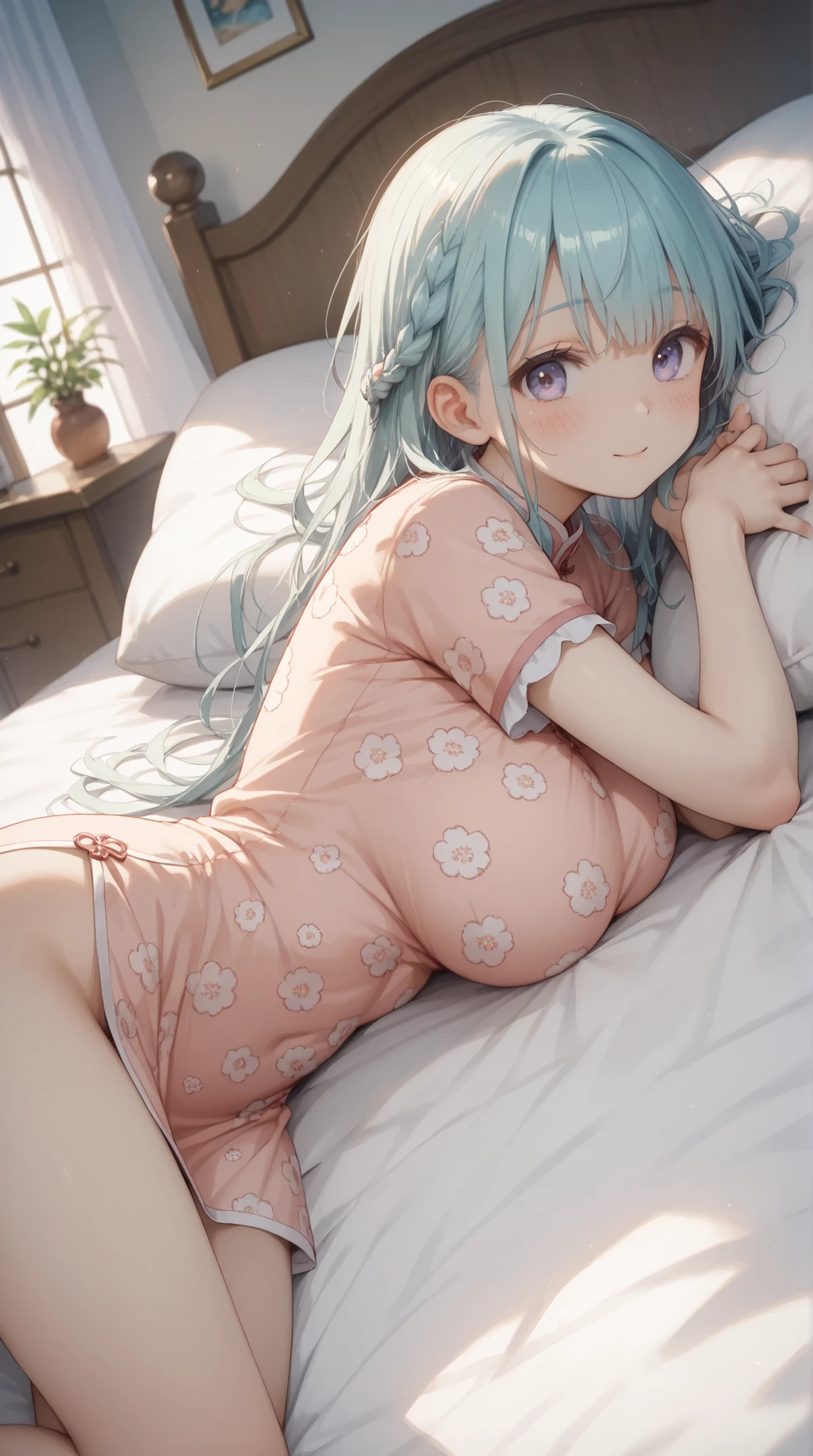 (masterpiece, top quality, best quality)、photoreality、Ultra High Definition、girls, Chinese dress、cute, summer, bed, (Face Down)、Sunshine, high resolution, Super Detailed、Blush、Staring fascinatingly 、(、 cleft)、untidy pajamas that make you stretch your hands wide、((Messy Hairstyle))、(perfect )