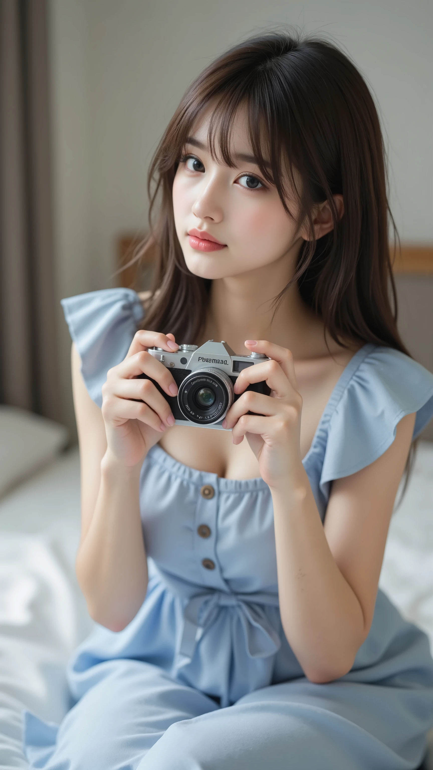 anime girl sitting on bed wearing a blue dress, charming anime girl, Loli Dress, tiny curvy Lori, Detailed Digital Animated Art, cute anime girl, holding a camera and taking pictures smooth animated CG art, photorealistic anime girl rendering, Gwyds, Fluffy , cute realistic portrait, Beautiful Anime Girl, charming anime girl, cute anime girl, Pixibu 3DCG
