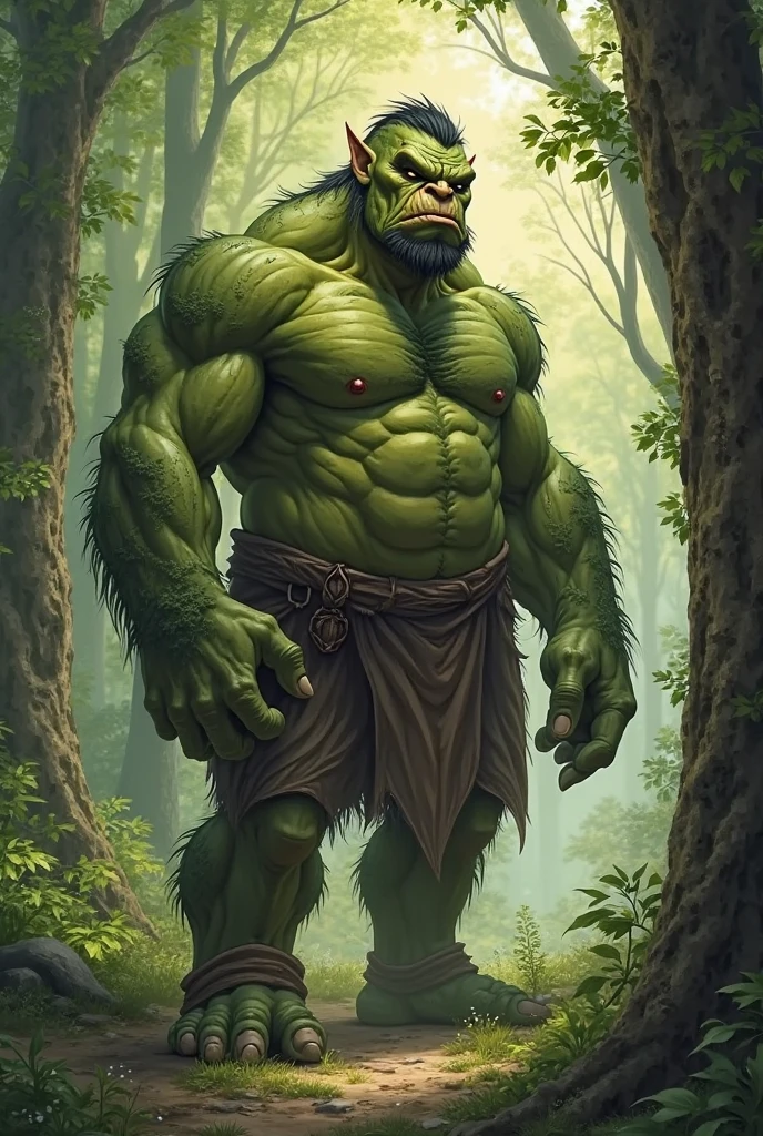 Solitary，黑Bear，personification，Humanoid，Beast field（Bear），strong，uncle，nude，Loincloth，Friendly，warrior，Green eyes，Standing guard，Standing in front of the audience，Looking at the audience，Holding a spear，forest（1.2），Orc comic style。
