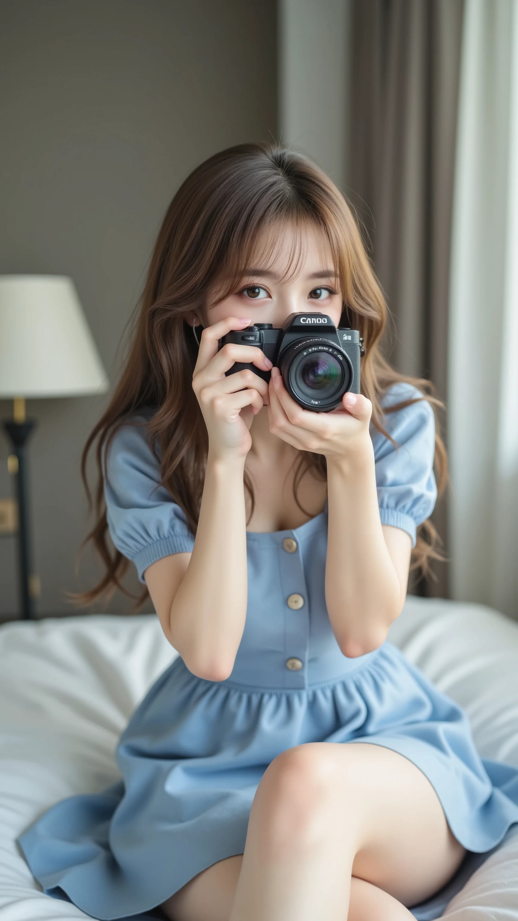 anime girl sitting on bed wearing a blue dress, charming anime girl, Loli Dress, tiny curvy Lori, Detailed Digital Animated Art, cute anime girl, holding a camera and taking pictures smooth animated CG art, photorealistic anime girl rendering, Gwyds, Fluffy , cute realistic portrait, Beautiful Anime Girl, charming anime girl, cute anime girl, Pixibu 3DCG