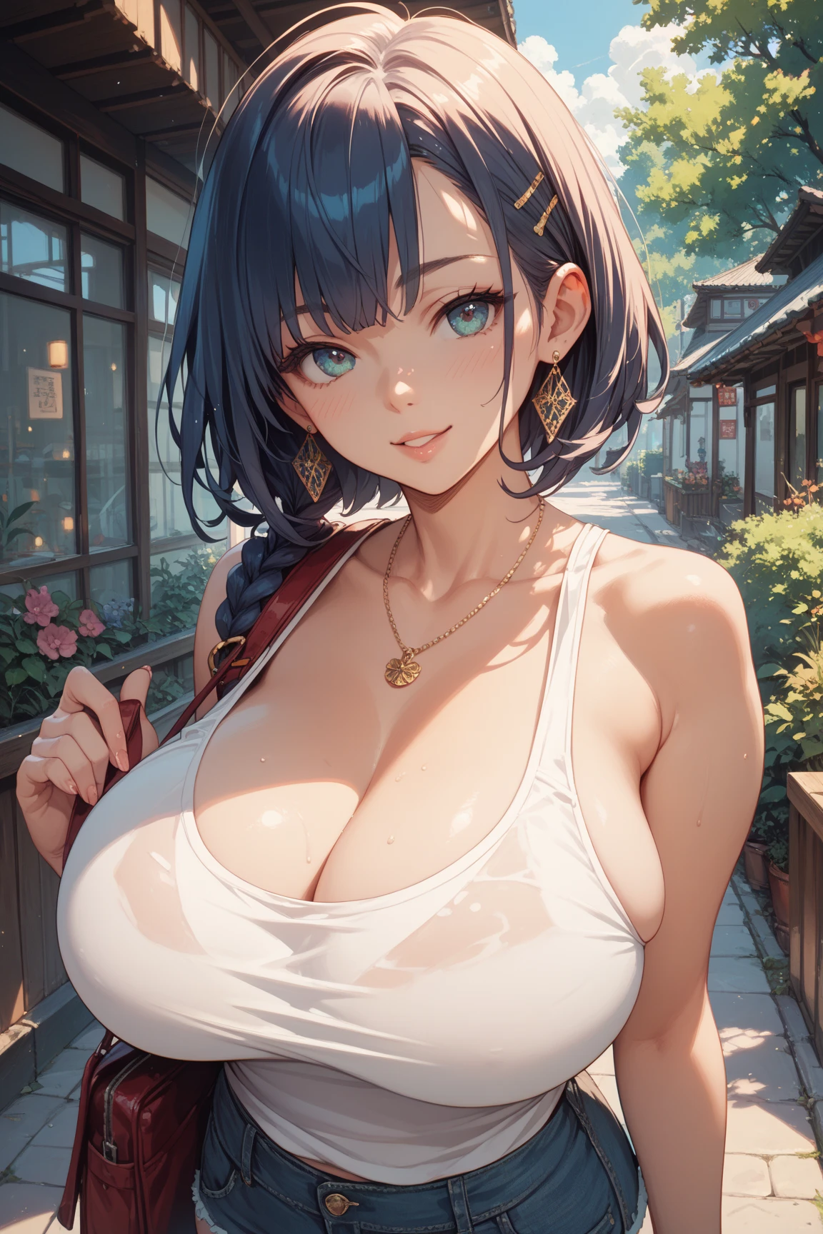 (masterpiece:1.2, Highest quality), (Realistic photos), Beautiful illustrations, (Natural side lighting, Cinema lighting),High detail、1 person, Japanese、20-year-old female, Perfect Face, Symmetrical cute face, Glowing Skin, Black Hair、Bun Hair、(nape undercut:1.2), Dark blue eyes, (Huge breasts:1.2),Slender build, Flowing bangs、Earrings、Beautiful Hair, Beautiful Face, Fine and beautiful eyes, Beautiful body, Beautiful breasts, (yukata),smile、Blushing、Japanese garden、stand、（Sweating all over）