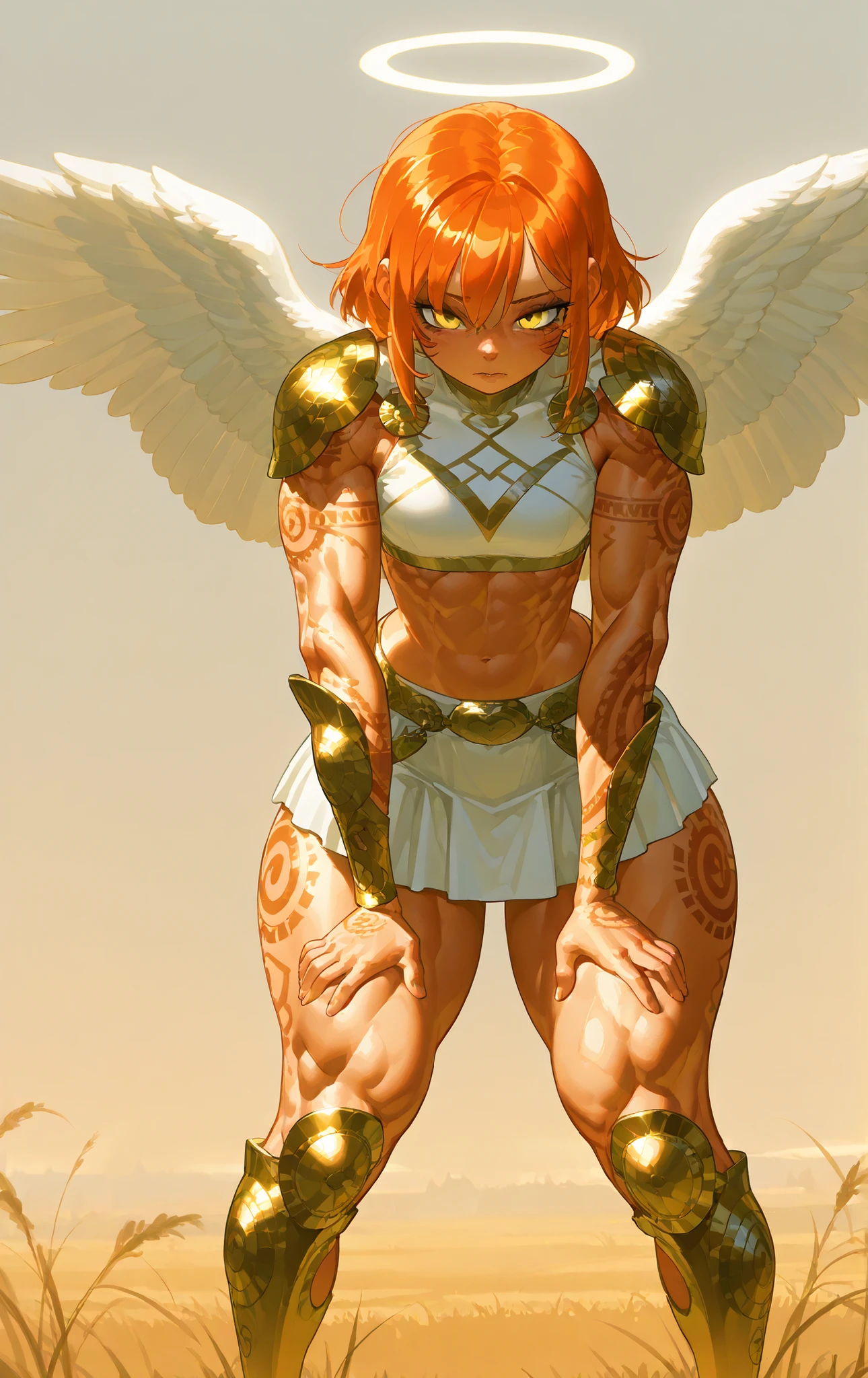 1woman, short orange hair, yellow eyes, visible arm tattoo, athletic build, thick thighs, white angel wings, wearing short celestial armor with gold accents, midriff exposed, short skirt with armored plates, standing on grassy field under bright daylight, isolated background, fierce expression, facing forward, Muscular