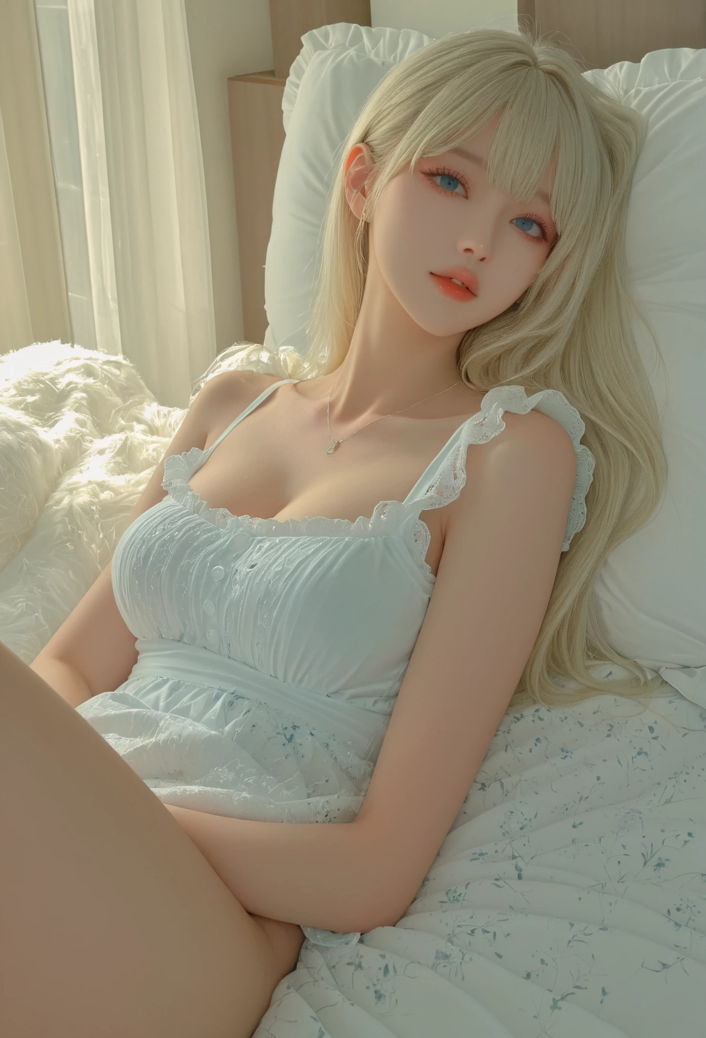 Beautiful innocent blonde girl 20 years old、Hermoso cabello rubio platino brillante、el flequillo cae sobre la cara、((Llevar una camiseta blanca con el pecho abierto,dramatic pose)),mirada sexy,super long straight blonde silky hair,fondo de la cama,fondo de playa、foto cruda, (8k、of the highest quality、Obra maestra:1.2)、(detalles intrincados:1.4)、(fotorrealista:1.4)、Octane representation、Intricate super detailed 3D rendering, luz suave del estudio, luz de llanta, vivid details, super detail, textura de piel realista, Brillo de mejillas、detalles cara, Very beautiful bright pale blue eyes., escote muy grande, tetas grandes, pezones, tetas mojadas, ojos muy grandes、Fondo de pantalla CG Unity 16k altamente detallado, Belleza perfecta、Cara redonda、constituir, (antecedentes detallados:1.2), Piel brillante, Todo el cuerpo、De la cabeza a los muslos、escote,((dormir con la cabeza en alto、Angle looking down from above))