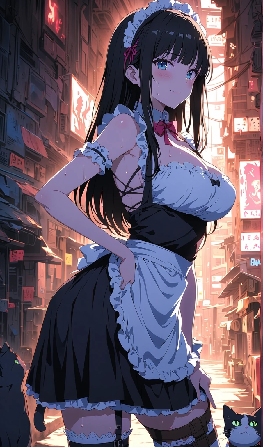 ((masterpiece)), ((bestquality)), (ultra-detailed), (illustration), (disheveled hair), ((colorful refraction), (beautiful detailed sky)), ((cinema lighting), (overexposure), depth of field, flat color, (Beautiful meticulous girl), beautiful meticulous glow, detailed lighting, (Beautiful meticulous red eyes), perfect light, a girl, long black hair, high heels, in a bustling street, at night, holding a cell luxury bag in her hand, (huge breasts), ((elegant dress))