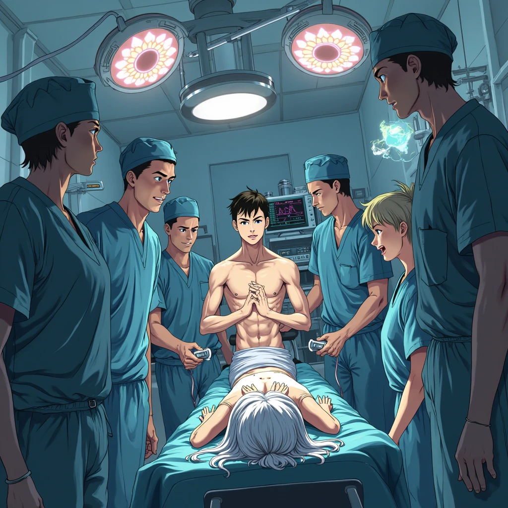 Cristiano Ronaldo undergoing heart surgery lying on a stretcher in black and white for a manga