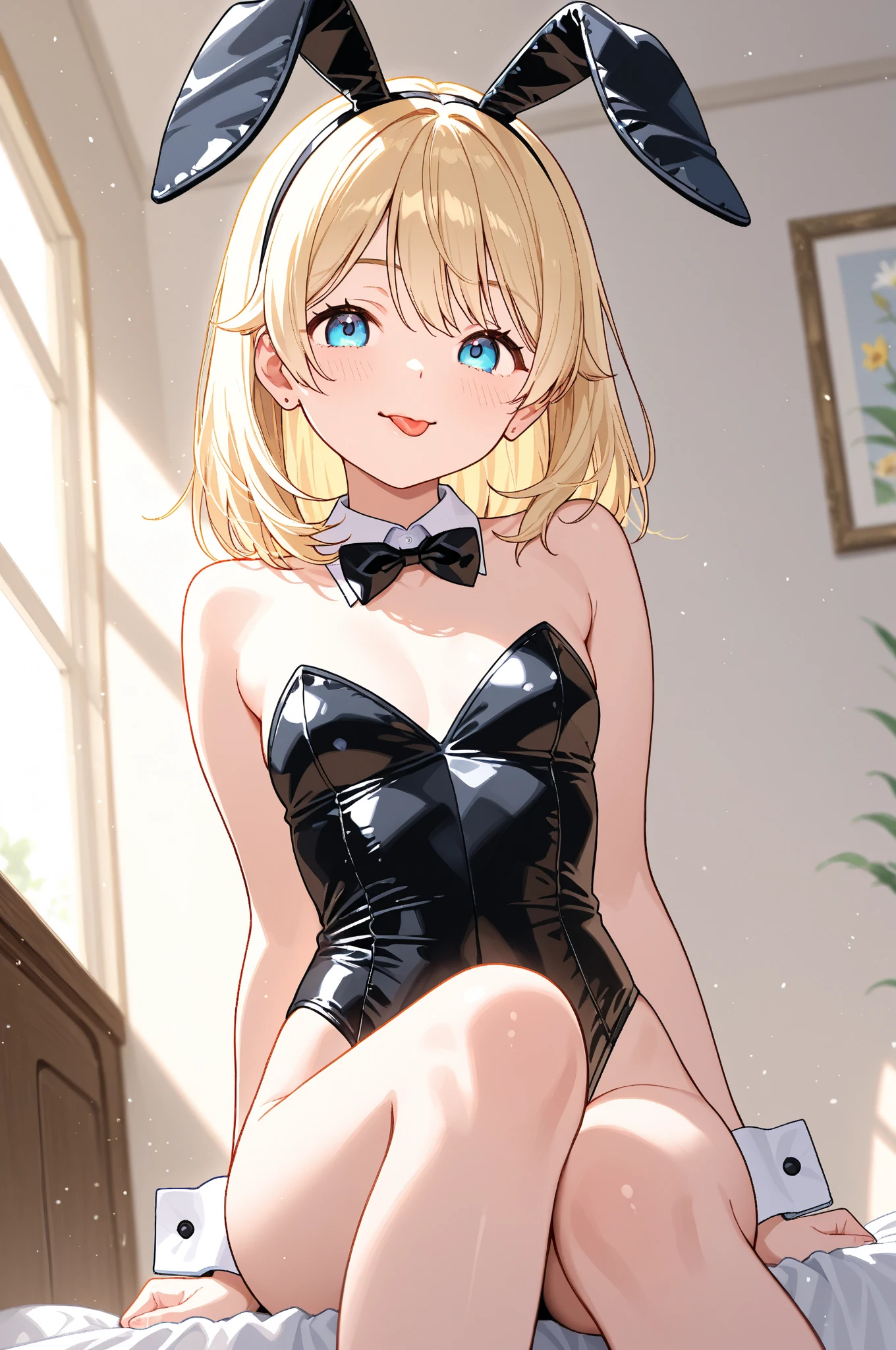 One Girl, alone,, ((自分の手でbreast lift)), smile, of course, assume, Long Hair, Playboy Bunny, Bunny ears, leotard, Wrist cuff, breast lift, Sit with your legs apart