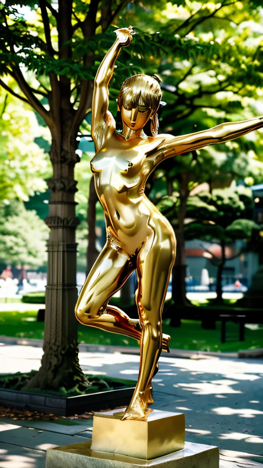 (Gates McFadden, age 25, nude, extensive flower body paint) doing an interpretive themed dance around a spring morning center stage, spotlight on her, crowd in stadium slightly shadowed
