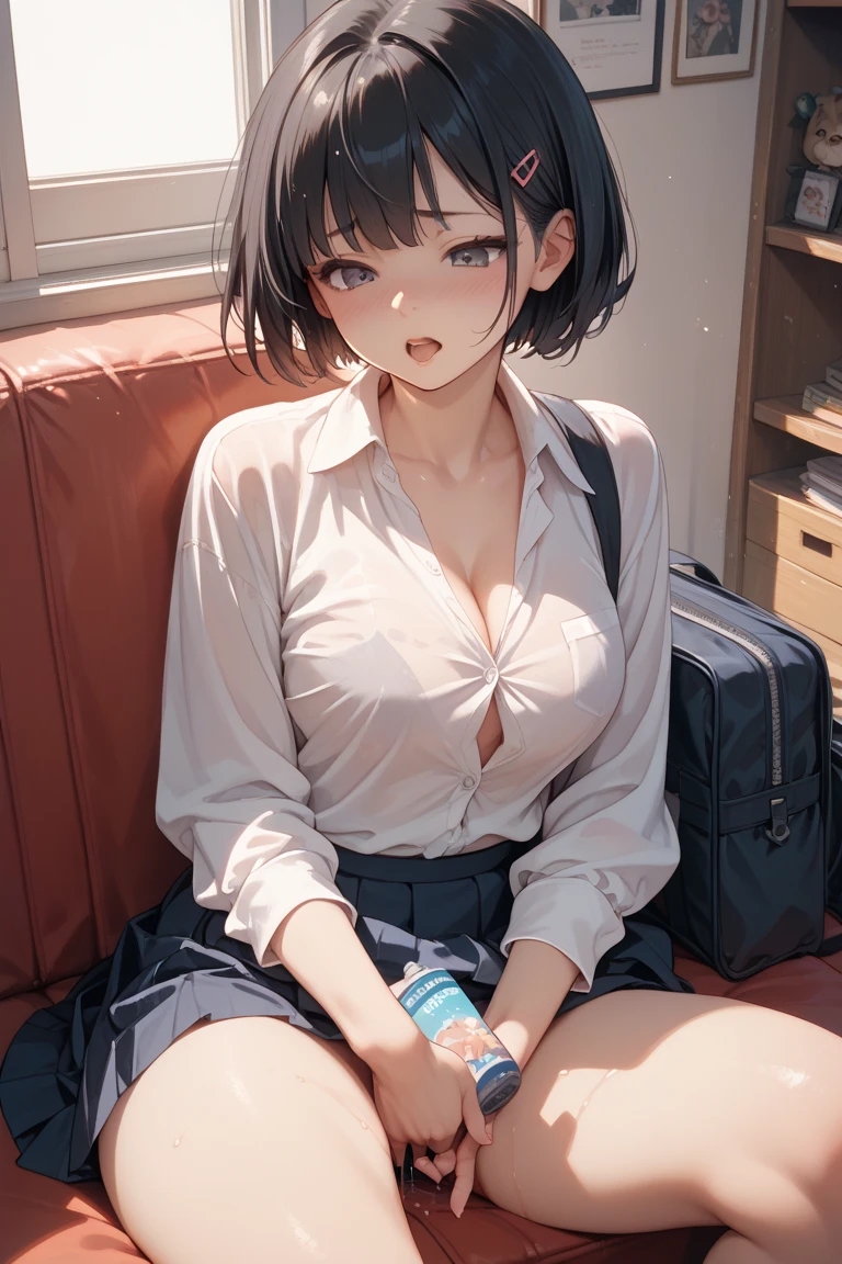 Highest Resolution、Highest quality、high school girl、Baby Face、Black Bob、Disheveled Hair、Naughty lips、Summer clothes、White blouse、Open blouse、Small breasts、No bra、Cleavage、Looking up、classroom、Sitting on the floor、Sit down with Pétain、Black socks、Watching from above、Drenched in sweat、afterwards、 dripping、Handcuffs on both arms