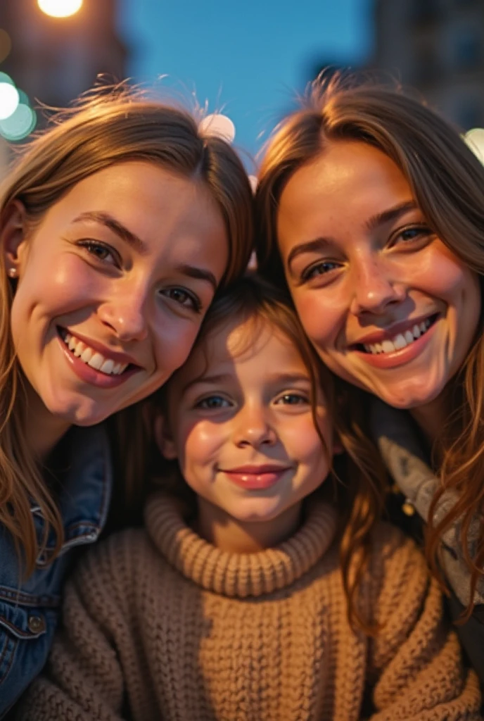 high quality, best quality, photo-realistic, raw-photo, ultra-detailed, High definition, masterpiece, intricate details, detailed texture, finely detailed, portrait of a 40 year old woman with two sons, family photo, the background is a party atmosphere at night, bokeh