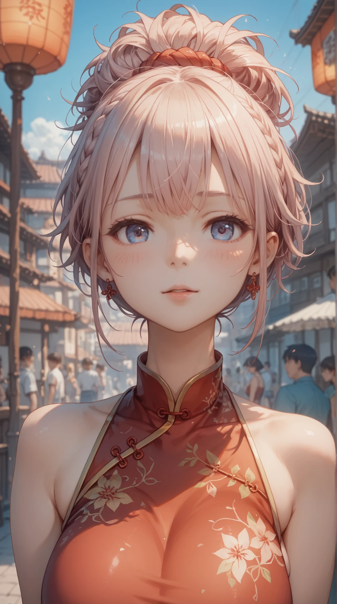 (masterpiece, top quality, best quality)、photoreality、Ultra High Definition、girls, Chinese dress、Stylish、summer, living、Sunshine, high resolution, Super Detailed、(Blush、Staring fascinatingly )、(、 cleft)、((Messy Hairstyle))、(perfect )