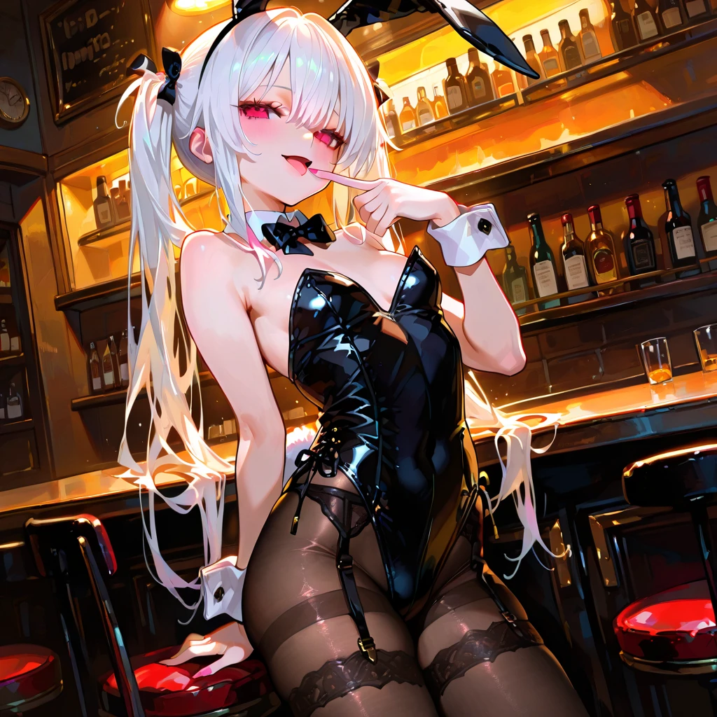 masterpiece, best quality, high resolution, extremely detailed CG, absurdres, highres, expressive eyes, perfect face, 1girl, a cute sexy girl in ((bunny_suit)), kawaii, casino, night club, sexy_posing, fishnet_thighhighs, large_breasts, ((wine)) ,((detailed_background)), happy, :D