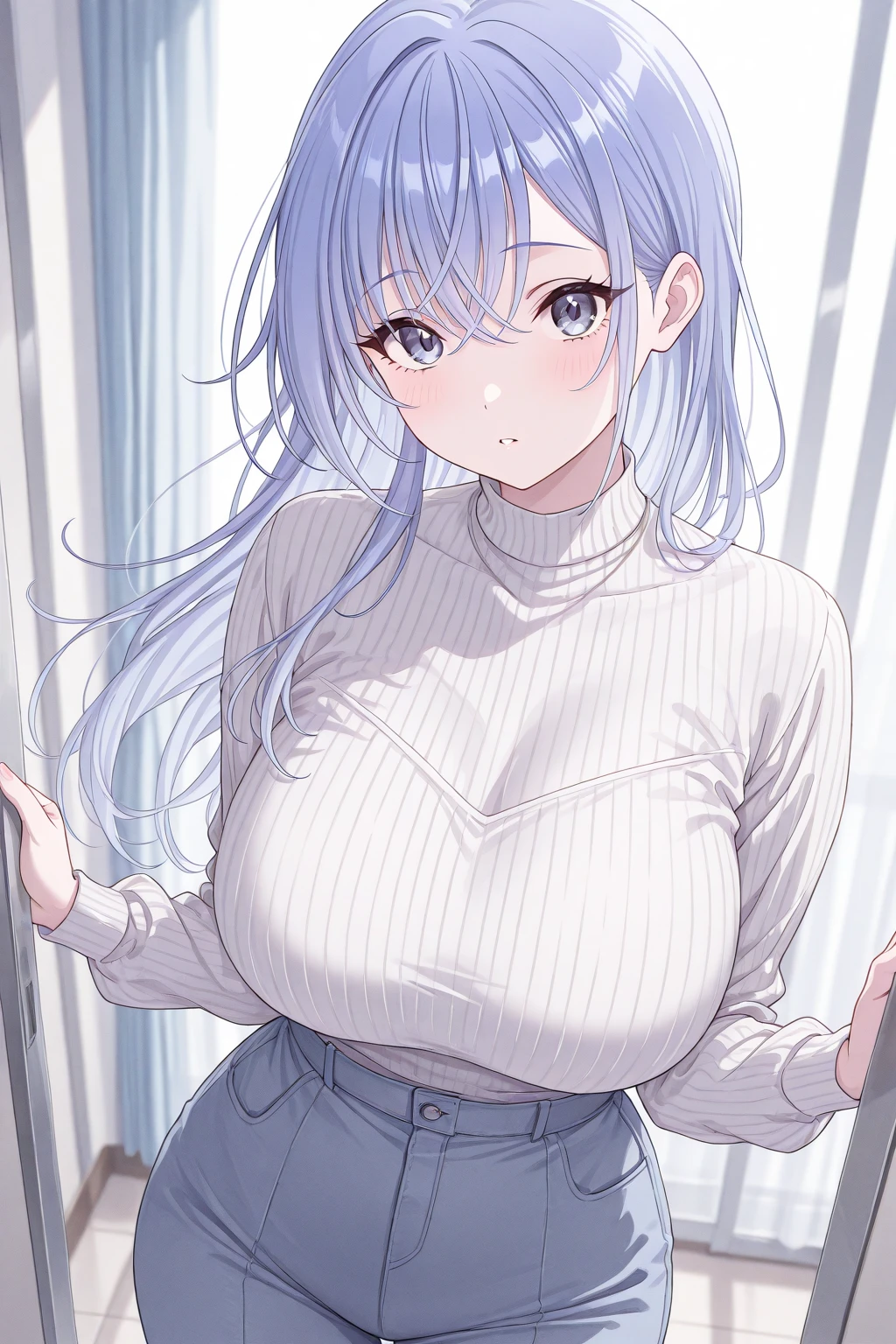 (masterpiece, best quality, ultra-detailed, illustration),genshin impact, kamisato, 1girl,solo,ayaka hair ornament,cowboy shot,ponytail, blunt bangs,blue eyes, smile, closed mouth, eyebrows visible through hair, long hair, silver hair, looking at viewer, indoors,medium breasts,shirt, skirt,