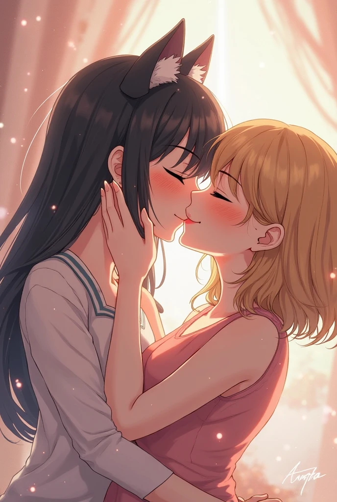 super quality, masterpiece, Japanese cartoons, two-dimensional, Cartoon, Japanese art, Colorful Japanese comics, 2 girls, Medium blonde hair and lilac eyes, medium brown hair and brown eyes, Casual wear, skirt, t-shirt, skirt, French kiss, kiss on the mouth, tongue kiss, close, NSFW, saliva, Permanently installed, Blushed, eyes closed, night, dark lights, Star, moon, bench, tree, green, Grass, garden