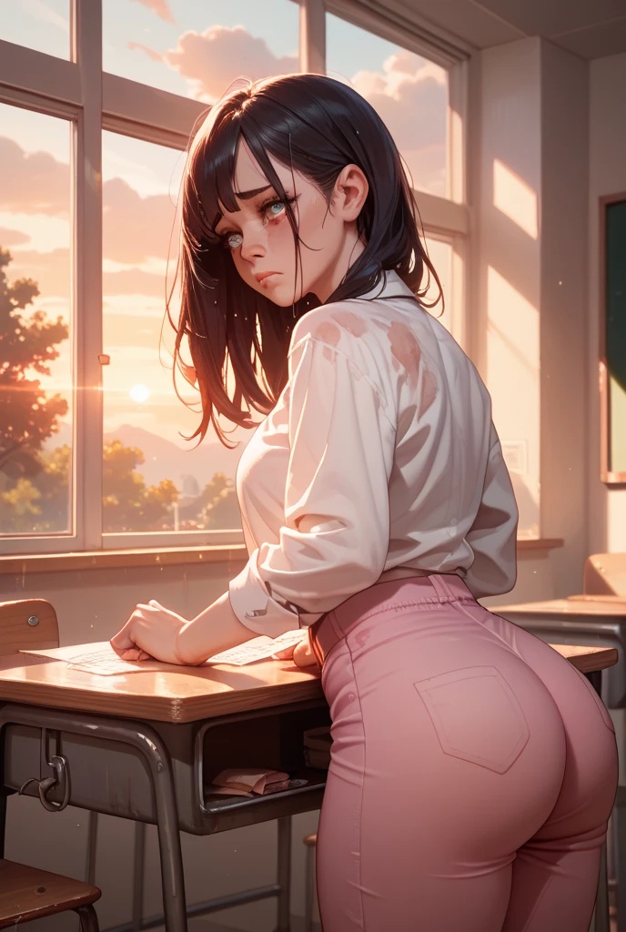 best quality, masterpiece,  <lora:scfbp_v12:1> scfbp, sitting, ass, 1girl, skirt, solo, school uniform, skirt lift, desk, shirt, from behind, clothes lift, thong, panties, lingerie