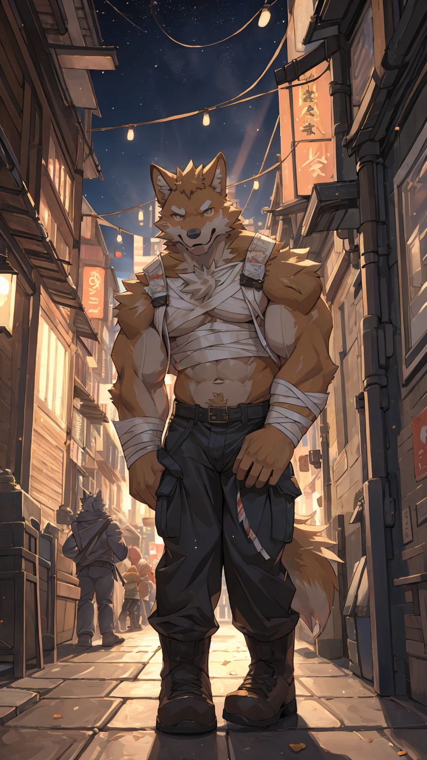 masterpieceы, fluffy, male, anthropomorphic, dark red wolf, Vein, slim build, tender eyes,White underbelly, shiny body, Street Thug, Punk, depth of field, perfect lighting, (Best quality),(masterpiece),(ultra detailed), sharp focus, Detailed wasteland background, shirtless, huge and juicy black nipples, fierce look, gloves, skinny black shorts, Vein calves.hairy fluffy armpits, tattoo, brilliant,