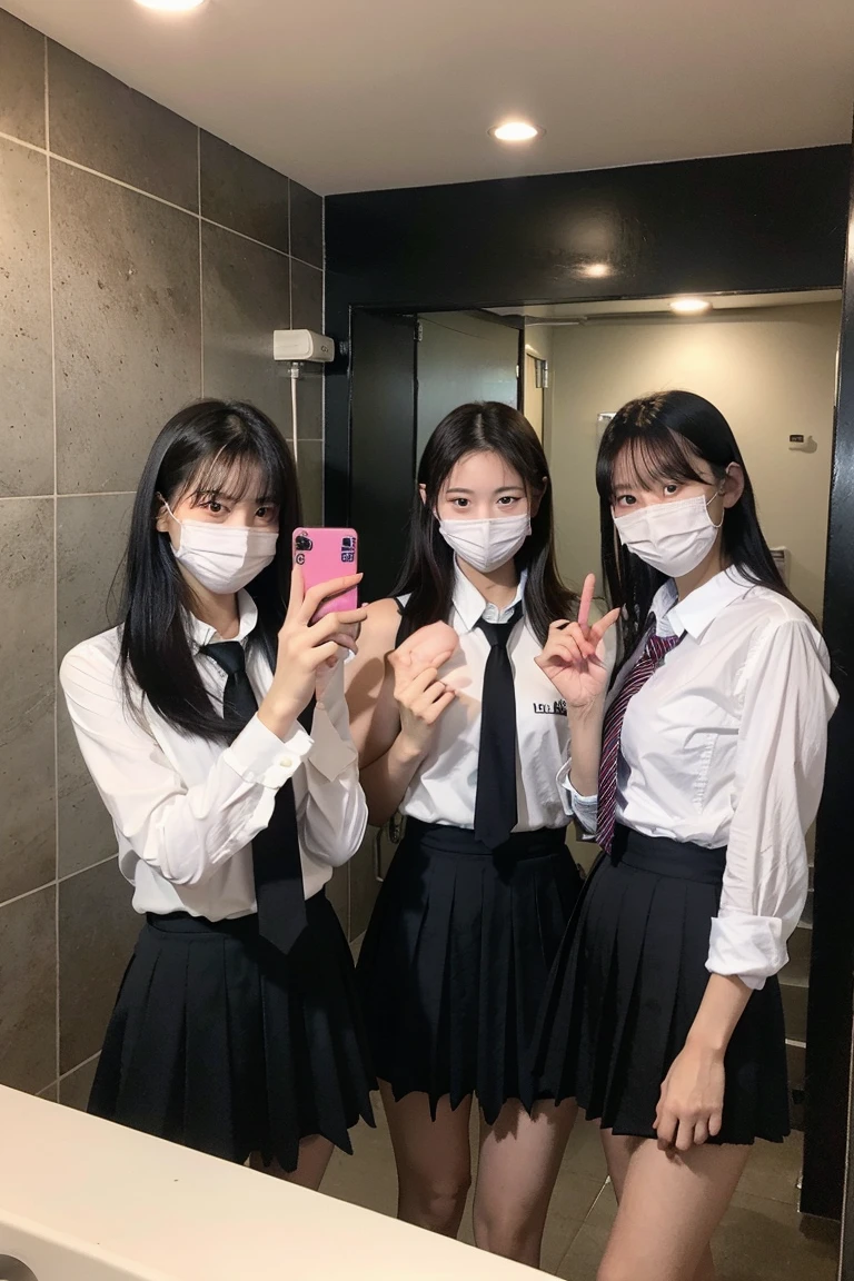 (A close-up selfie photo of two Japanese beautiful flight-attendants), 20-years-old, (standing closely), (In the office), (Both laughing), (Both looking at the viewer), best quality, masterpiece, (Wearing flight-attendant uniform), (Both lifting up skirt and exposing panties), (((Double eyelids))), Bangs down, Hair tied-up, earrings, ((Big beady eyes)), (((shiny sweating skin))), ((Sweating))