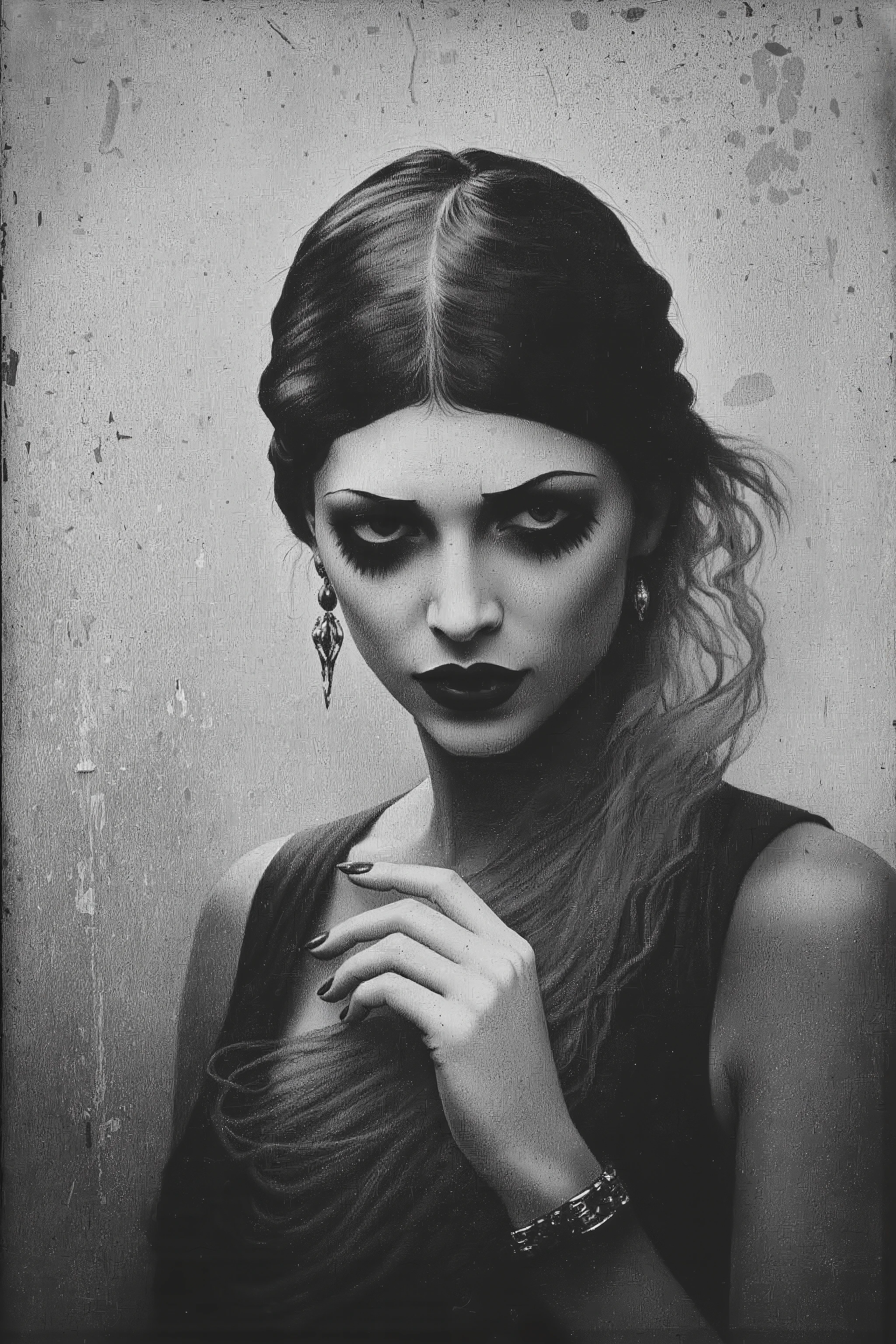 Depressive Black,1girl, solo,make up,1920's fashion,fashion portrait