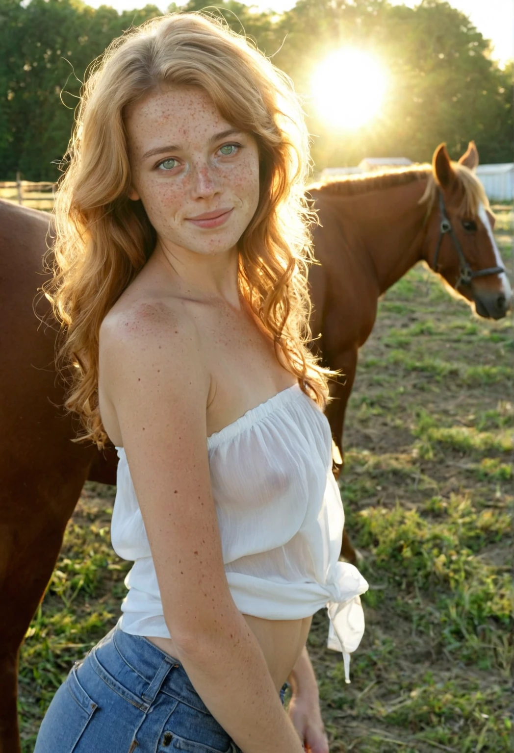 frontal upper body  photo of a nude happy 20  yo tattooed woman with thick ginger blonde braids a wheat field, blue sky, detailed skin texture<lora:tt_puffy:0.75>