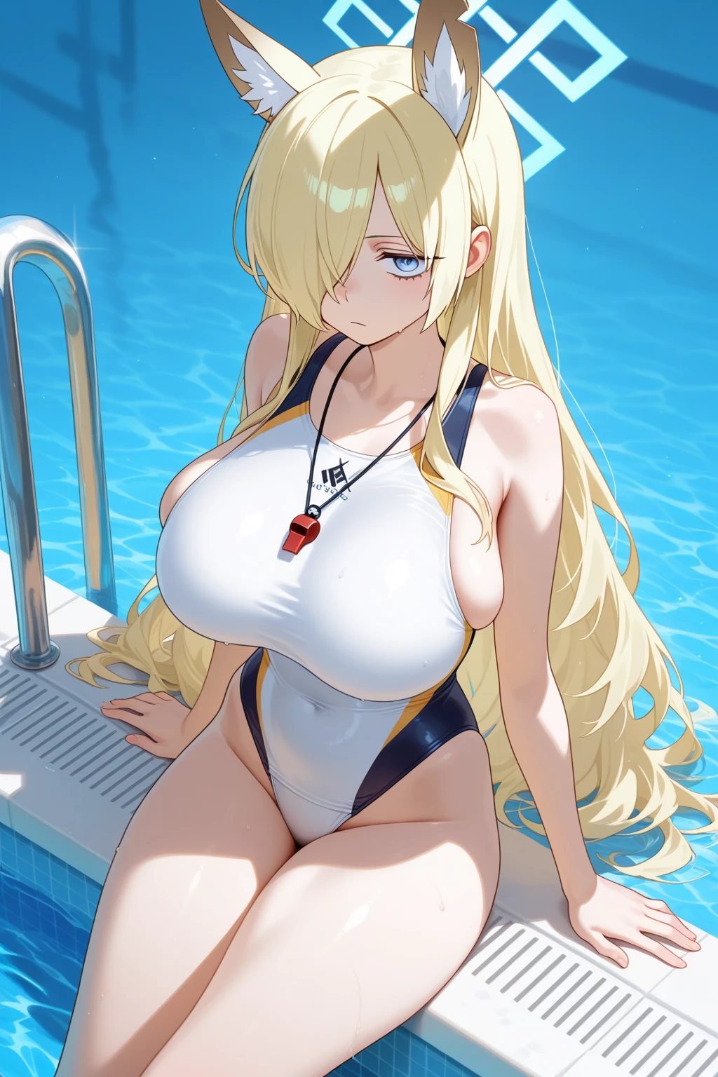 Kanna from Blue Archive, sharp teeth, long hair, Blue and white stripe pattern swimsuit , 1girl, Masterpiece, Best Quality, HDR, Blue archive artstyle, Detailed face, Pool atmosphere, sexy pose, large breasts, Full body picture, front view, Long animal ears