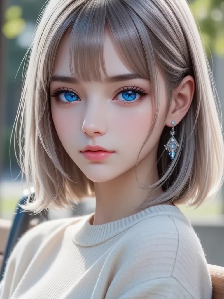 8k、ultra high resolution、realistic、Raw photo, highest quality, masterpiece:1.2、(realistic, photo-realistic:1.37),high contrast,　table top, Pull the camera、half body image、elevation angle、Looking at the camera、　　very beautiful and nice、18 year old model girl alone、eye-catching beauty、Beauty that draws you in、shiny shiny white shiny skin、realistic skin texture:1.2、　best looks、　Silver gray hair with dazzling highlights、shiny bright hair,　thin hair、shiny shiny hair、Hair on one eye、Put out one ear、delicate hair、platinum short bob hair、　Crystal clear and charming blue eyes、The light rays enter the eyes、double eyelid、detailed and beautiful eyes, beautifully detailed nose, natural makeup、small face、with a little smile、　ample breasts、firm bust、healthy clavicle、half up 、(((　outdoor、I can see green in the distance、Depth of the bounds written:1.5、Blurred:1.2　)))、
