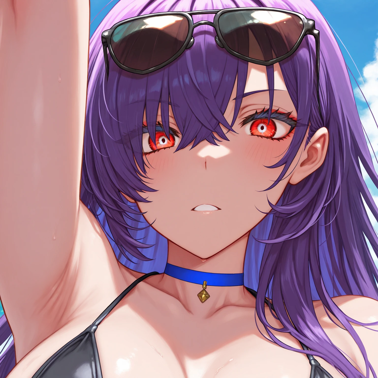 Uma menina bonita e fofa, medium length purple hair tied into a side ponytail, (((Olhos dourados brilhantes))), ((unhas roxas))), biquini curto, ((on the beach with starry sky and full blood moon)), Standing, barefoot, foto de corpo inteiro, (((hiding hands))), middle boobs, barriga musculosa, pernas musculosa, eye reflection, glowing eyes, sulking, anime, anime style, ray tracing, sparkle, drop shadow, panorama, Canon, UHD, masterpiece, ccurate, anatomically correct, super detail, high quality, highres, HD, 16k