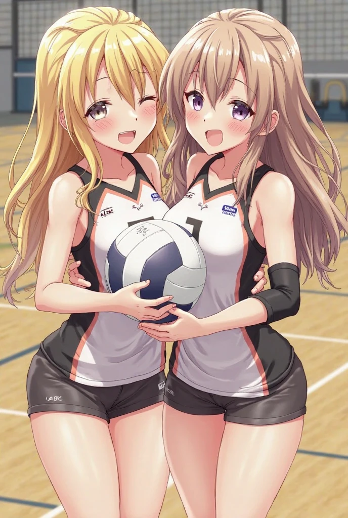 unity 8k wallpaper, anatomically correct, (((masterpiece))), (((best quality))), (((ultra detailed))), (((high-resolution))), ((super fine illustration)), ((Ultimate cutie)), detailed beautiful face, shiny hair, 18 years old, ((potbelly)), (curvy), medium breasts, ((Thick thighs)), sleeveless volleyball uniform, ((buruma)), ((knee pad)), (elbow pad), ((hold volleyball)), ((hold a 6-inch volleyball)), cowboy shot, in volleyball court, in school gymnasium, 
BREAK, (Yuri), 2girls_A_and_B, A girl_have_{{blond ponytail}}_{hair bow}_{{happy}}_{smile}, 
BREAK, B girl_have_{black short hair}_ {hair bow}_{{{smirk}}}