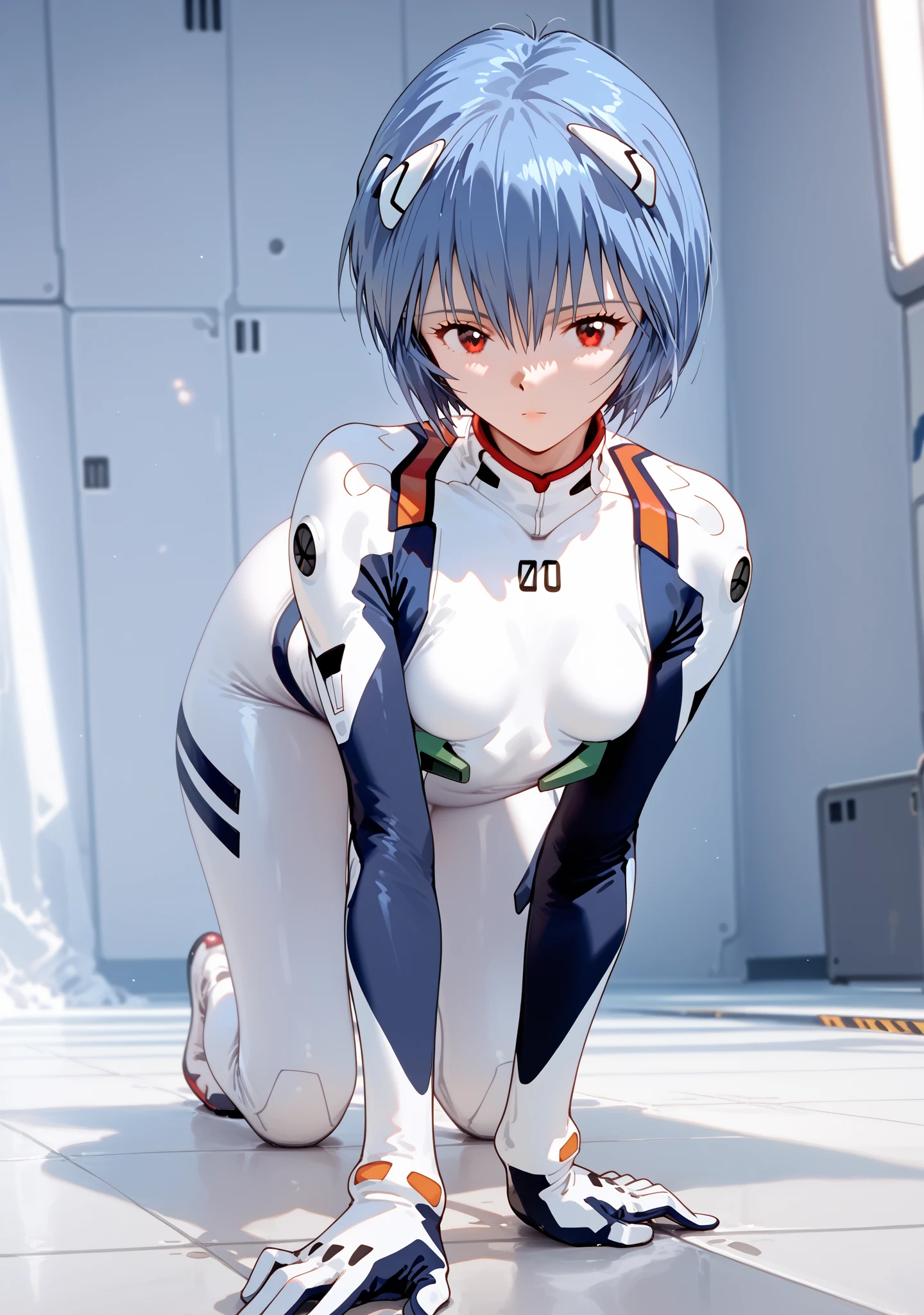 ((Highest quality, 8k wallpaper)),(masterpiece, Highest quality),Very detailed,High resolution,(Official Art:1.3),(((Anime screenshots,Black outline))),One girl,alone, Break mer1,(Rei Ayanami {Neon Genesis Evangelion,}1.2),masterpiece, best quality, outdoor, 1girl, Solo,red eyes,short hair,blue hair, (White plug suit:1.4), skin tight,(Tired look, A look of regret, Struggled, Half-closed eyes, fear, humiliation, Frightened, anxiety:1.3),(((Covered in sweat, Mass sweat, Sweating profusely,steam:1.7))), (kneeling, hands on floor:1.8), (Dirty Costume with mud,gym storeroom:1.5)(((sweat,Sweatdrop,flying Sweatdrops, sweating profusely,wet,wet clothes,wet hair,messy hair))),