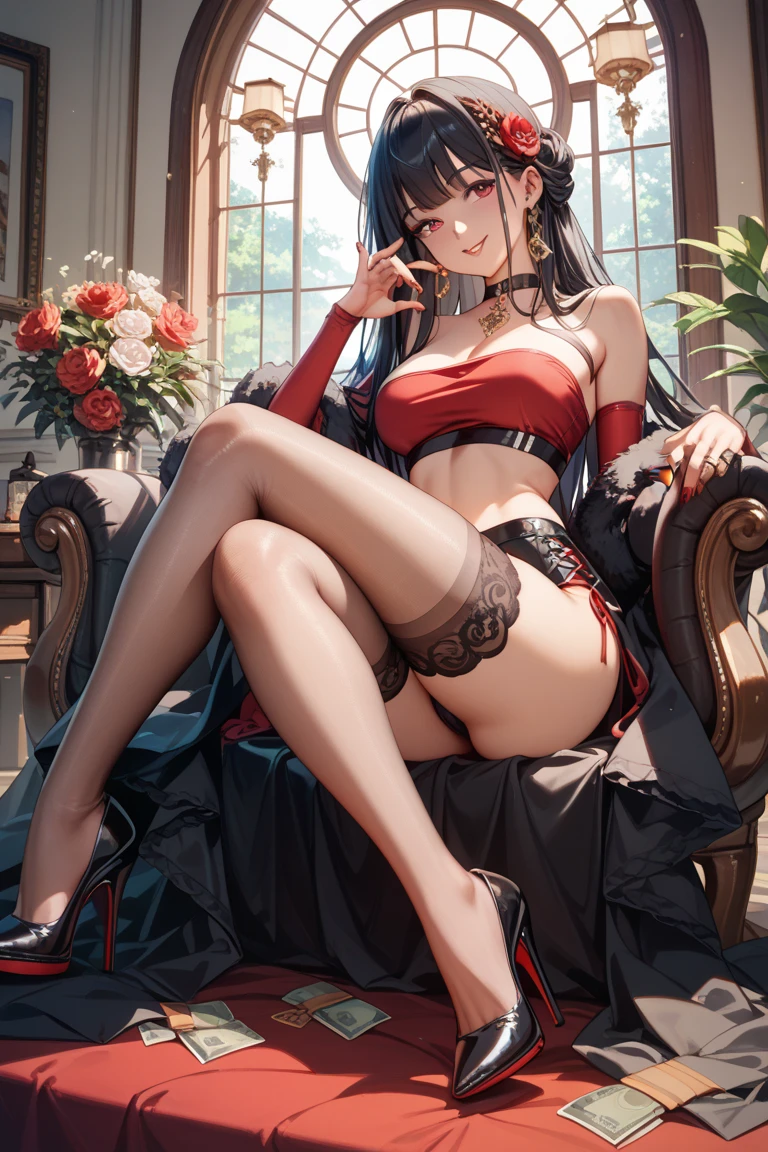 ((Biologically correct limb count))、((Full Body Shot, Full-body photo including face、Head to toe photos))、4K、masterpiece、((Focus on the face))、((Symmetrical facial features))、Eyes of meticulous depiction、One beautiful woman、Excellent style、((Panties and bras、Garter belt and garter stockings、(High heels)))、Detailed Description、Small earrings、necklace、High angle、Looking up、A deep red wedding dress with her panties showing、(((足のBook数は2Book)))、Hands clasped、Focus on the legs