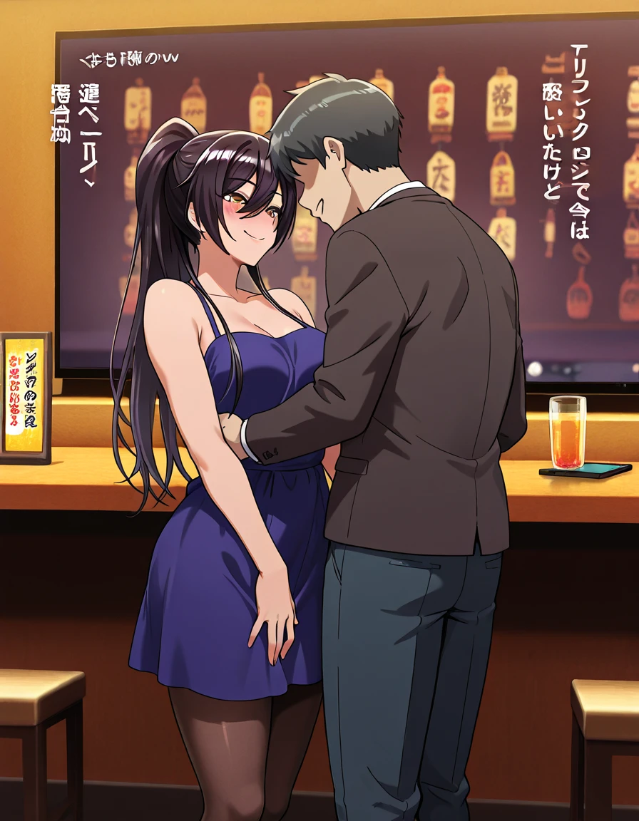 nsfw:1.2,Chubby Japanese sexy mature woman (50 years old), long, straight black hair, Sexy mini white summer dress, Sexy neckline, Dancing with a tall man, Nightclub, Hands on hips, Excited expression, Many men are watching、Erect nipples:1.5、showing off panties:1.5、1 Men, a men is grabbing girl’s breasts from behind