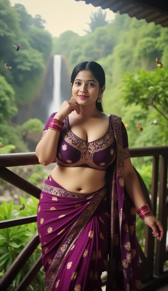 Jaya Prada 26 years old beautiful different face cute sexy Indian girl, curvy figure, beautiful different colorful covered blouse design Banarasi design saree, big m-cup tight breast, different bun hairstyle, bright eyes, thin eyebrows, fair skin, blushing cheeks, head to thigh view, smiling face, Kamasutra expression, Straight front view standing beautiful different meri Christmas village background, ultra realistic, head to thigh view, black hair, Provocative eye Contact, glossy lips, raining night weather, attractive eye contract face