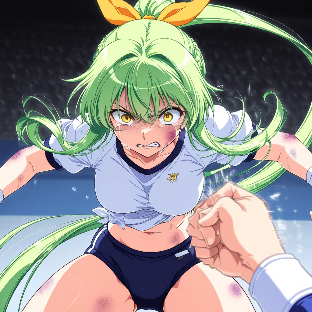 green hair,green eyes、very angry、tears、blush、(collar),(lead)、elementary school girl、((flat chest))、large bulging nipples、((big pink areola,))、(((squat, spread your legs)))、(((10 years old)))、lolicon、 body shape、With a big head 、thin legs、low length、((shining outline))、(((stadium full of spectators)))、blue sky、(((ejaculate from penis)))、FUTANARI、((erect penis))、((Very surprised face))、White semen comes out of the penis、