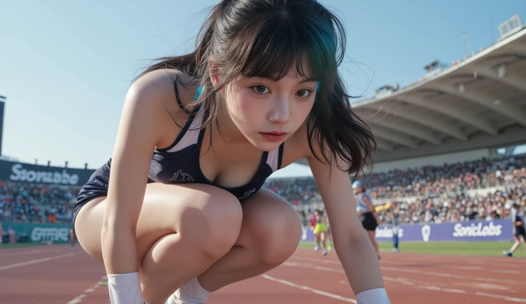 do,関節の曲げ方向を考慮do))),The stands are full of spectators,(((On the center floor of a large wrestling arena packed with spectators, a beautiful wrestler with outstanding style is facing his opponent with a serious look on his face and furrowing his brow.))),(((The uniform will be a black wrestling singlet with the JPN logo in large letters on the chest, and wrestling shoes.))),Quick Movement,(((Capturing dynamic movement,写真にfull-body,A snapshot of wrestling as you grit your teeth and face your opponent))),((A beautiful wrestler wearing a black uniform with white lines and a necklace is facing forward with her open hand over her opponent)),Sliding through the wind,Beautiful rolling form,Maximum speed,(((眉間にしわを寄せ歯軋りながら相手と組み合う動きの本質を捉えたローアングル側方からの4K動body撮影))),突進do,Opponent tackles all-in-one on the waist,(A packed, enthusiastic crowd in the background:1.5),realistic and realistic,(masterpiece:1.5),Olympic concept art,Intricate details,Highly detailed and realistic,Octane Rendering,4K,Efficient movement,Dynamic pose, Highest quality,High resolution,(Realistic Face:1.1),(Splendid:1.1),((full_body)),((Expressing the sense of dynamism emanating from the entire body)),slim,Muscular,Hard,A coke bottle body with a slim waist and big hips,(4K画面一杯に躍動do彼女),(Sweaty, glistening skin:1.2),(((The short bob is very cute))),(((Perfect hands))),(Highly detailed background),((一段上がっているレスリングフロアで対峙do,Background of a stadium full of spectators)),((Beauty condensed into one girl)),((Beautiful eyes full of light,High quality eyes,High quality face)),(Wearing a necklace),(((The amount of sweat dripping down is dazzling))),(Her short chestnut hair flutters with her movements.),((Dramatic beauty)),Beautiful bokeh with deep depth of field,4K,Gothic,4K Digital SLR Camera,Fujifilm XT3 Style,(Delicate eyes and face),Professional perspective,Amazing details,Beauty condensed into one girl,A beautiful face with delicately drawn eyes and a high nose,Chestnut brown eyes that glorify the light,Glossy red lips,(((Breathtaking beauty captured in a single photograph))),