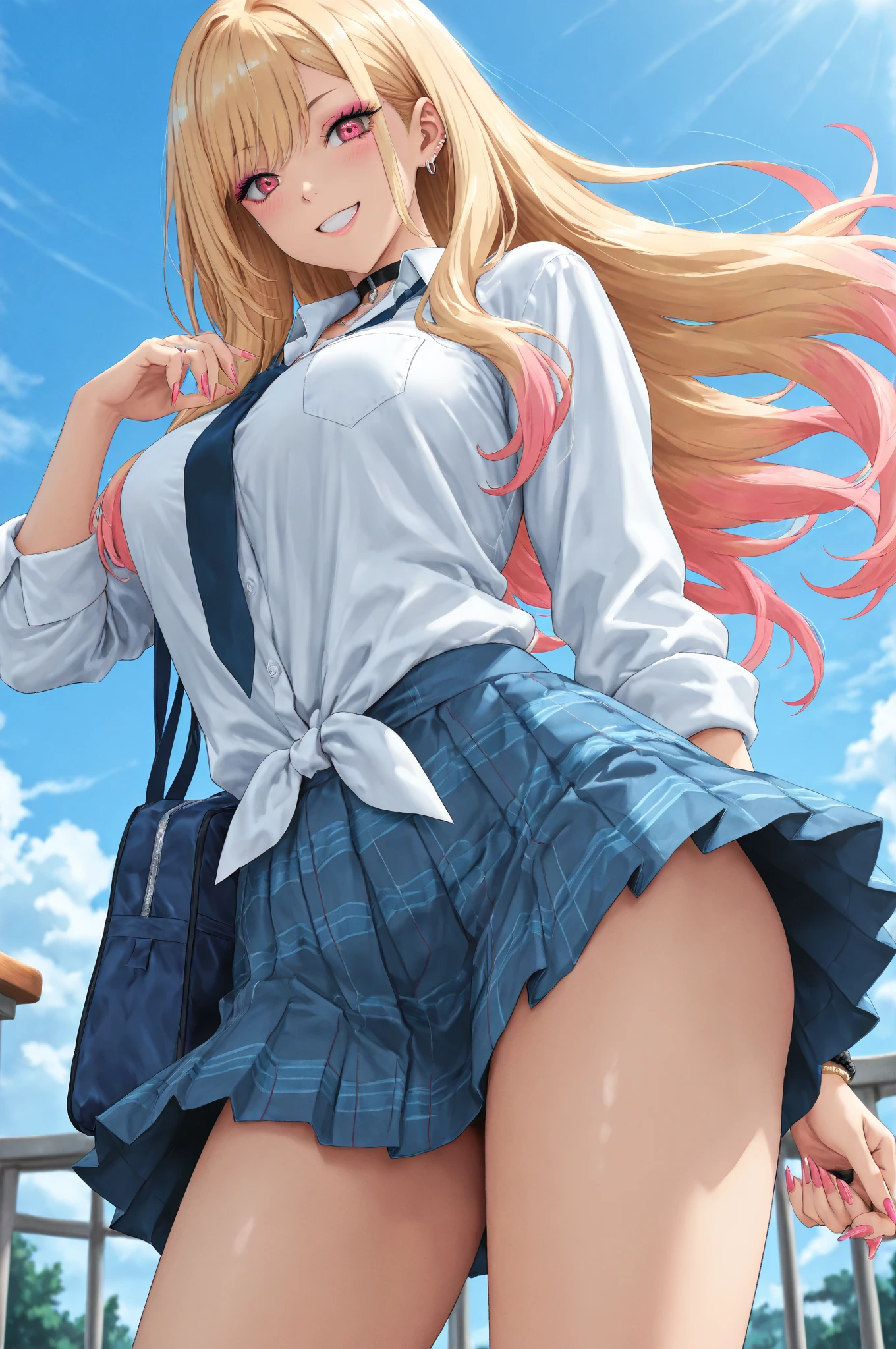 highest quality,wonderful,finely,Very detailedな CG ユニティ 8k 壁紙、(Contemptuous Eyes、Glaring expression:1.4)、train、whole body, Huge breasts、(Sailor suit), (Random Color、Super shiny satin black and purple panties:1.5),,(Black Stockings:1.1),(Thighs:1.2),(From below:1.1)、(highest quality:1.2, Anime artwork, Very detailed, High detail, digital coloring, High Contrast, masterpiece:1.2, highest quality, Best aesthetics), (((kitagawa marin, 1 girl))), Blonde Hair, Straight Long Hair, Pink gradient hair, Red eyes, Earrings, White shirt, Black choker, Blue tie, Check skirt, Lift up the skirt
