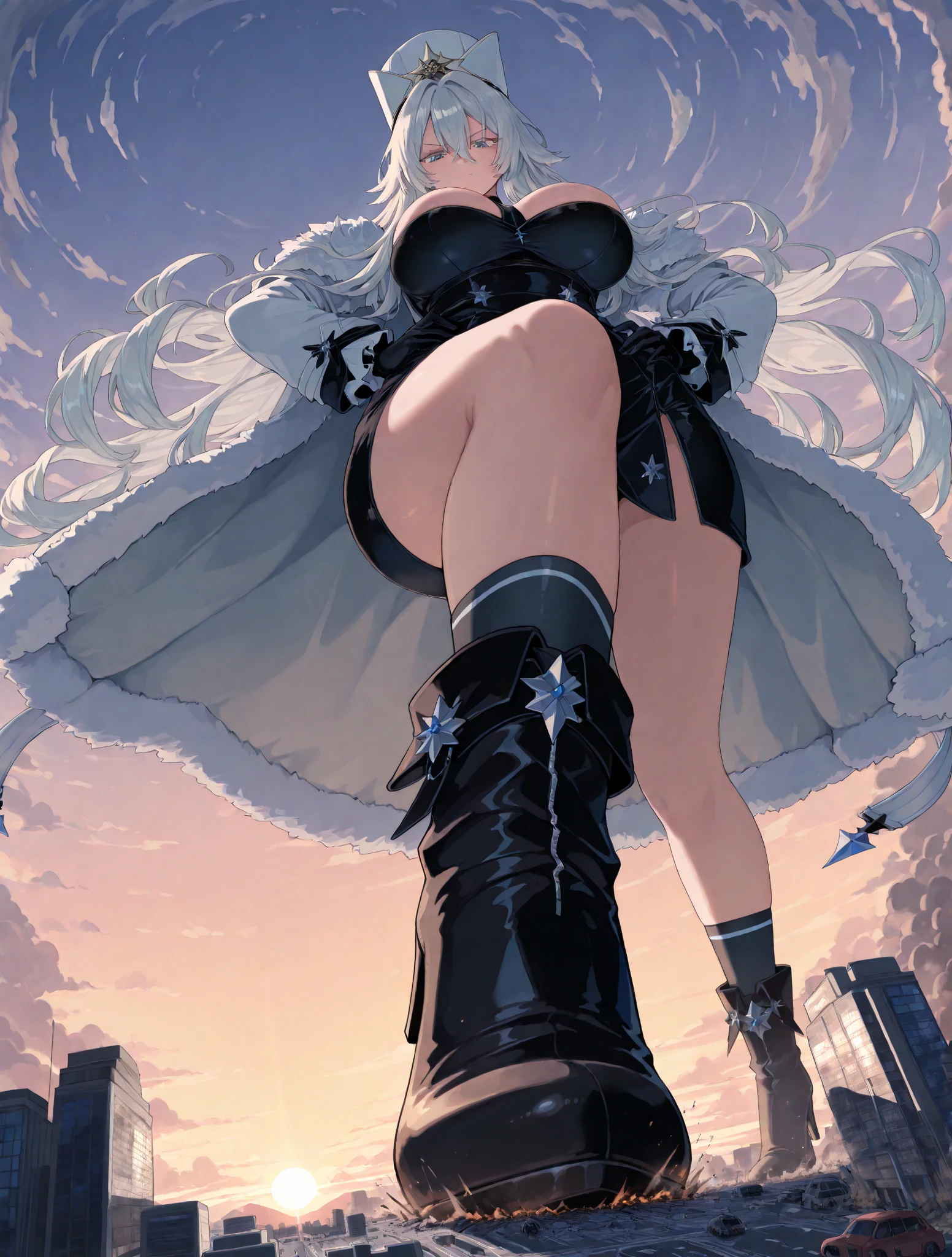 giantess art, highly detailed giantess shots, giantess, Two legs, Five fingers, short hair, A beautiful girl who is bigger than a skyscraper, Wearing rimless glasses, smile, Big Breasts, In underwear, Black Pantyhose, black pantyhose, no shoes on, toes visible through pantyhose, Steam coming out from the soles of my feet, Destroying cities, A very small big city, Miniature metropolis, Full body description, GTS, giga giantess, stomping city, crash city, tiny city, micro city, pantyhose feet, High resolution, highest quality, masterpiece, Maid, maid, transparent bodystocking, 