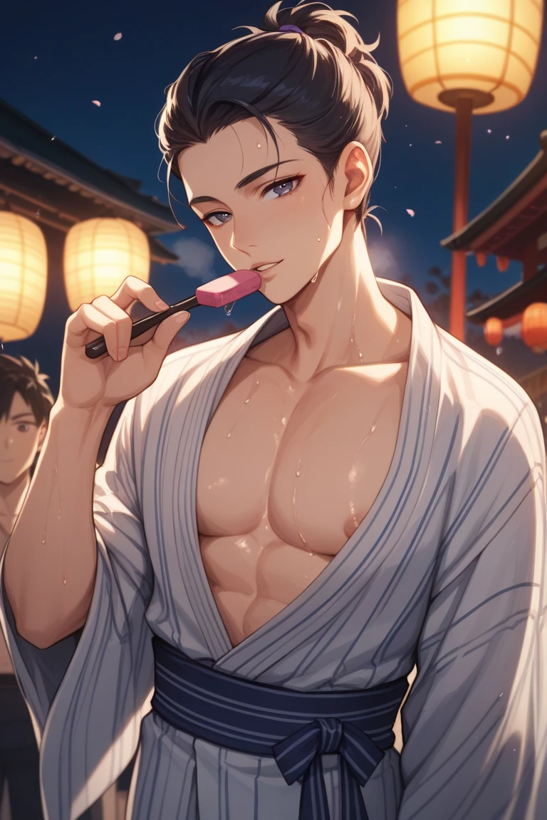 masterpiece, best quality, highres,closeup, portrait, JoeHigashi , in a garden, big pectorals, solo, handsome, spiked hair, headband, (white hand wrap), <lora:higashiKOF_1:1> sexually suggestive, naughty face, cum, detailed eyes, mature male, solo, bara, yaoi, (hidden hands) <hypernet:samdoesartsHypernetwork_v422500Steps:0.058>