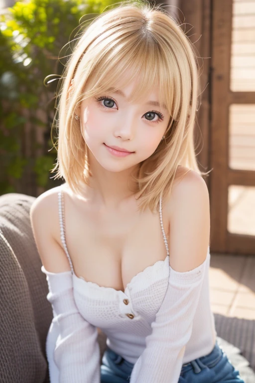 Raw photo、20 year old beautiful girl、 Japanese、blonde、 gal、Cheeky childish face、looking at the camera、Black bodycon dress、white heel sandals、Emphasizes large breasts、sunlight、whole body、Transparent nipples