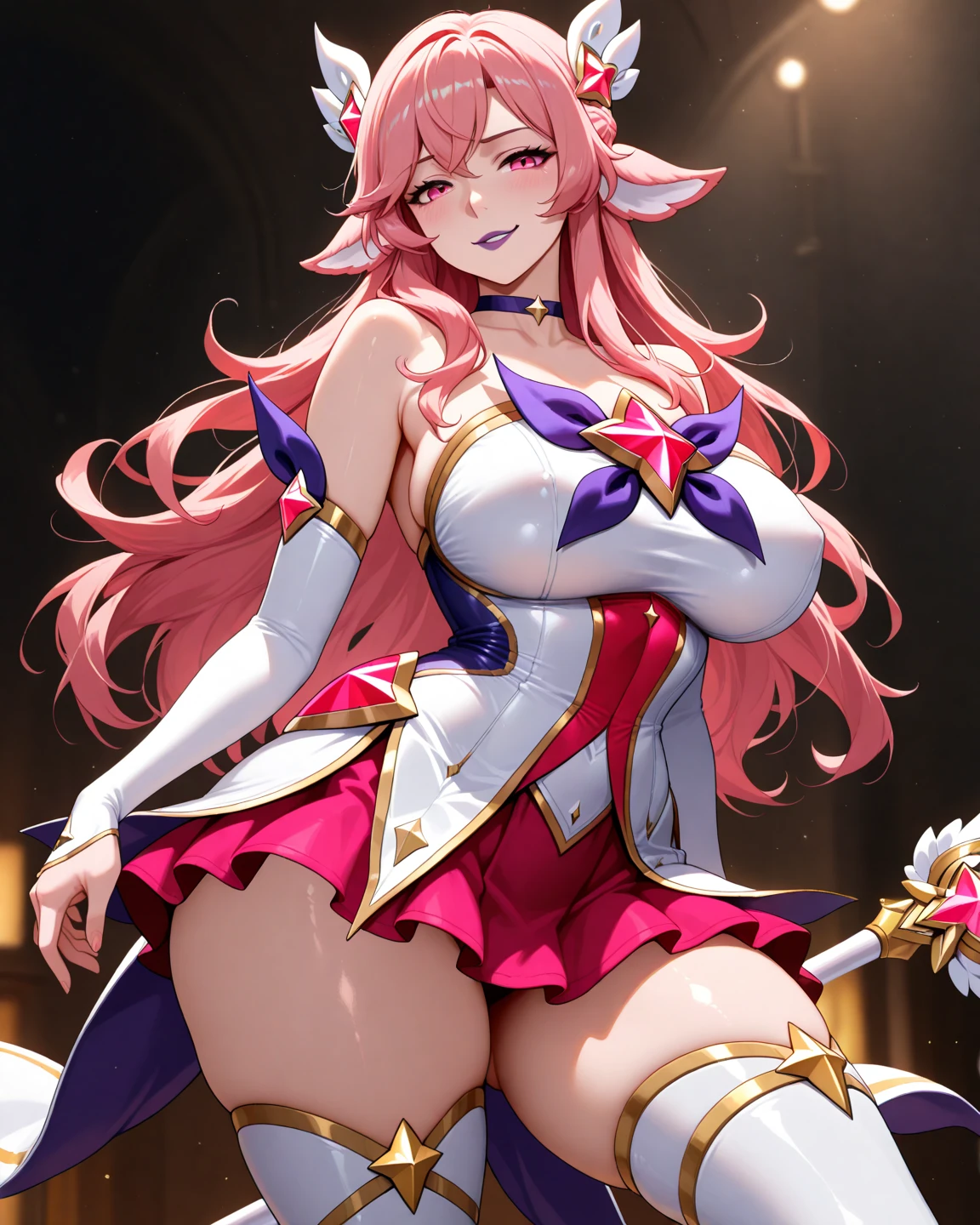 , brown hair, Twintail, yellow eyes, pink armor, Show your belly, smile, full body, pink boots, pink arm armor, white skirt armor, Big breasts