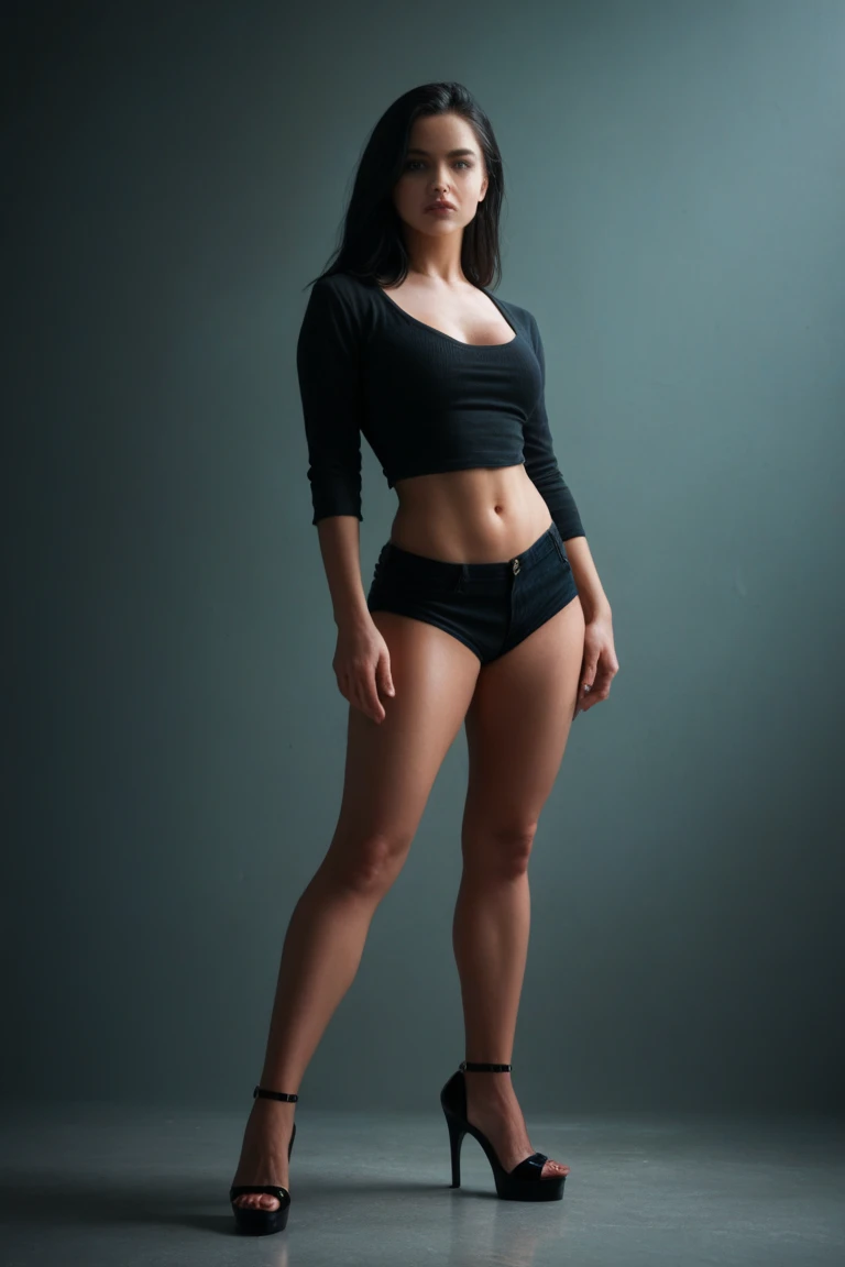 RAW photo,dark,moody,hazy atmosphere,35mm focal lenght,underexposed,cold,candid photograph,artistic,full body,photo of a beautiful,high-society,rich,elegant,30yo Kurdish woman,detailed skin,naked, looking at viewer, thick body structure,grey background,no background, candid pose,dim room,blue light, film grain, kodak color, instagram LUT