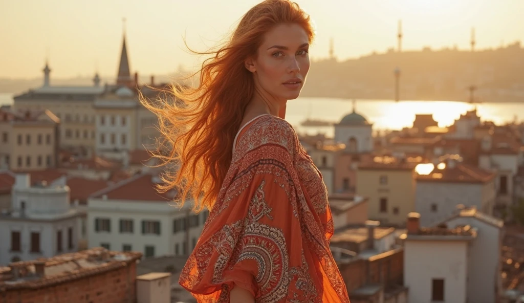 Amidst the opulent architecture and bustling streets of Dubai, a striking young woman with long, wavy auburn hair and a sultry gaze takes a leisurely stroll, her effortless beauty and alluring aura capturing the essence of the city.