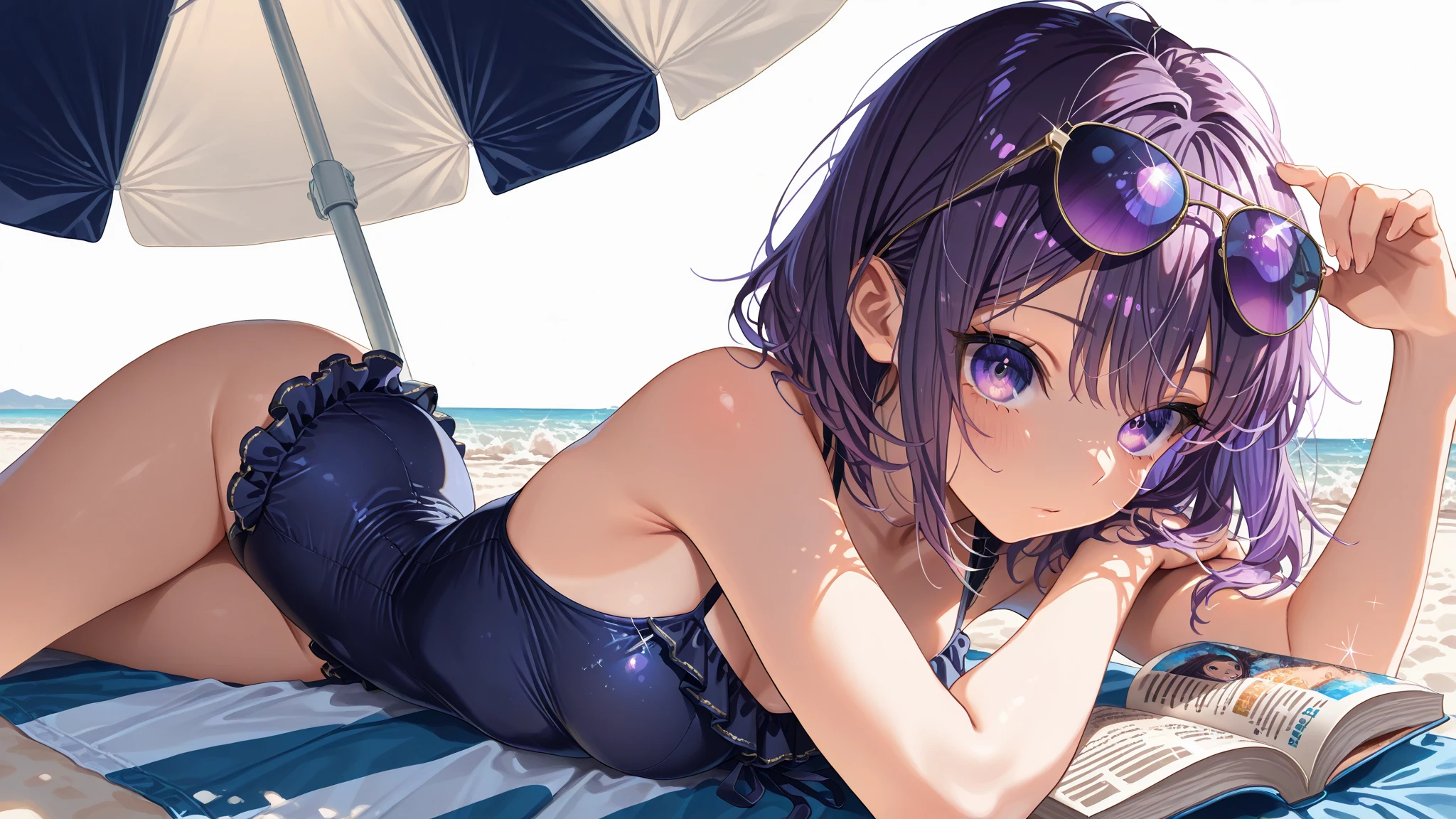 HD, CG, masterpiece, best quality, detailed background, 1girl, medium breasts, black swimsuit, pale skin, hair ornments, purple hair, messy hair, hair ornament, red eyes, smug, lying, from side, beach, sea, town