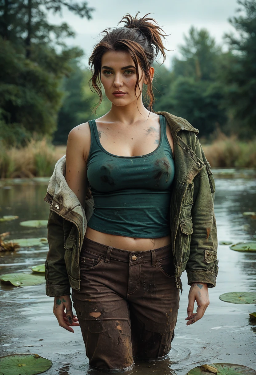 Alison Brie, Lush rainforest hiking expedition, 25yo woman, very short brunette hair, (yellow button down shirt), wetshirt, cleavage, micro shorts, (khaki shorts), backpack, dense rain forest, midday, (ultra detailed face and eyes):1.3, 8k,adventurous trek,green foliage,natural explorer,high-quality jungle scene,vibrant ecosystem,high-definition,exotic,serene nature,clear lighting,wild and untouched,adventurous,refreshing.,cinematic film still of masterpiece,Hyperrealistic, cinematic film still photography