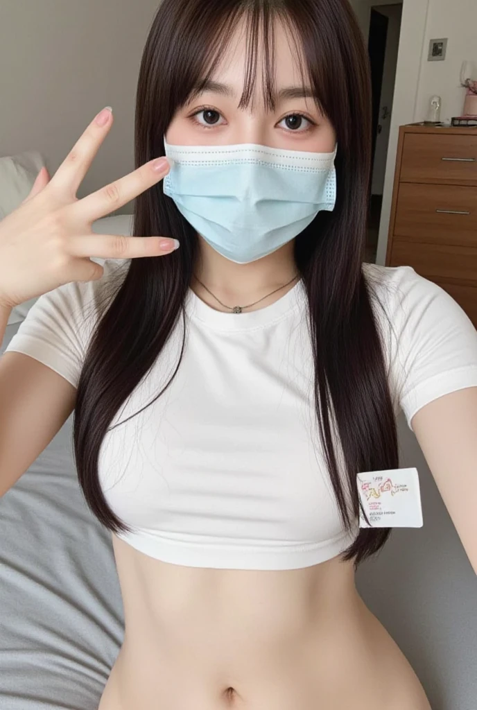 (masterpiece:1.2), Japanese, (((18 years old))), (a girl), (opened mouth wide), (skirt), ((small ribbon)), (((legs spread wide))), ((mouth mask)), on a bed, (((panty))), ((collared shirt)), (plump), hair bun, bellybutton,