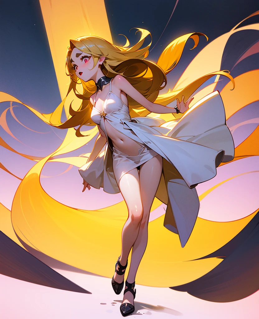 Best quality, high resolution, masterpiece, best detail, 8k, perfect human anatomy, full body, a girl, blonde, beautiful, crisp white skirt, black stockings, glowing