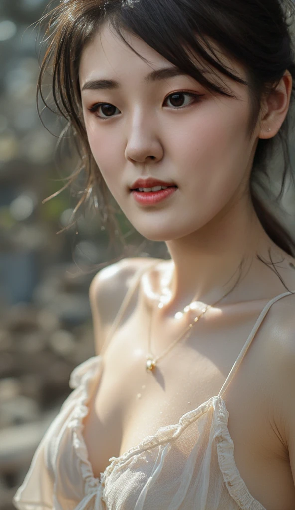 ((Photoreal Stick:1.5, masutepiece:1.5, 8K)), ((top-quality, ​masterpiece, 超A high resolution)), ((Shoot with blur:1.6)), ((fog the lens:1.7)), ((reflect light onto the lens:1.6)), ((sunrises, Sunlight coming in from behind:1.7, The sunlight of the morning sun spreads across the screen:1.7)), ((The entire screen appears white and hazy:1.8)), ((Women look dim under bright light:2.0)), Face Sharp Focus:1.3, Professional camera work:1.3, Highly detailed skin and facial texture:1.3, Grow Light Effect, The ultra-detailliert:1.3, 1girl in, Fair skin, (Sense of clarity:1.4, a small face), Extremely beautiful face:1.5, (Sense of clarityを感じる目:0.9, looking distantly), A smile:1.0, i love you completely:0.8, (Slightly open mouth:0.4, Sense of clarityを感じる口当たり:0.7), 二重まぶた, Dark brown medium hair, necklace and earrings