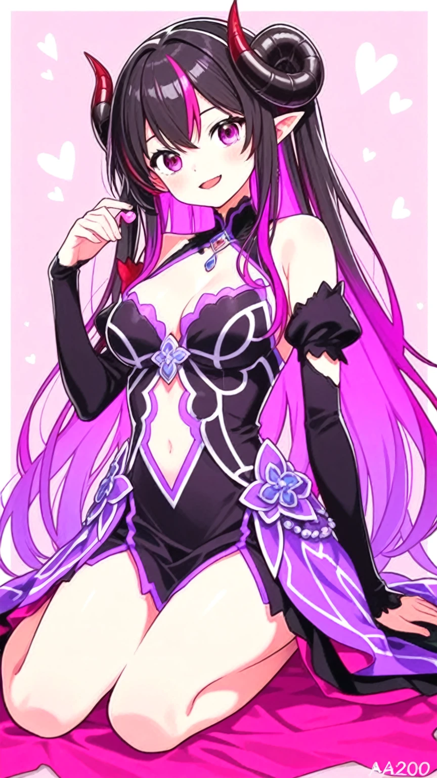 Magical girl　Black costume　Purple medium hair　Short mini skirt　No sleeve　Long gloves　Headband　Cleavage　blush　smile　standing facing this way　universe space