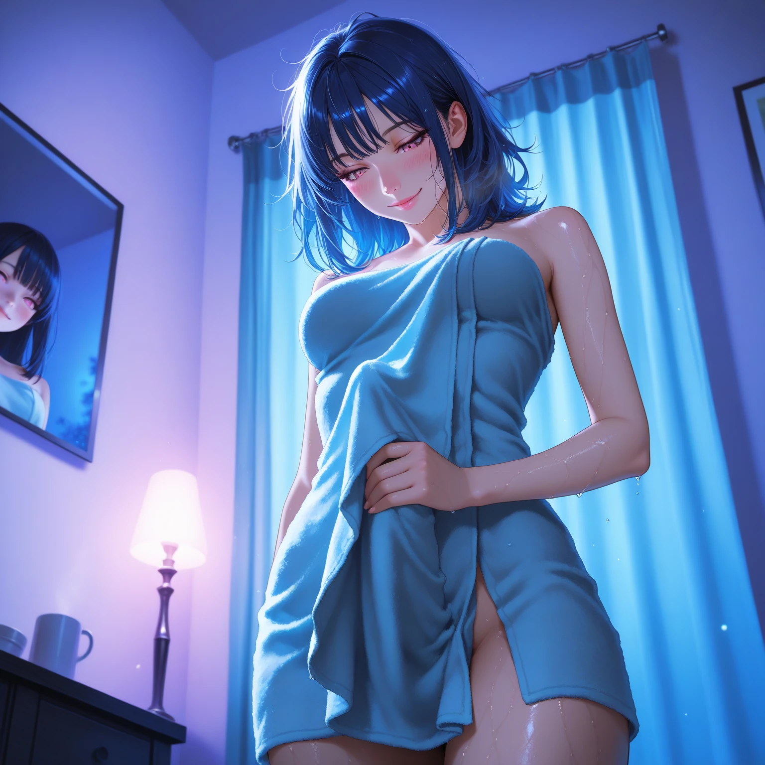 (Masterpiece), Best Quality, ultra-detailed, 1girl( marinette, naked body, dark skin, dark blue hair, semi-long hair, blue eyes), a face in love, lovely smile, parted lips, nose blush, blush, glow lips, head tilt, solo, nude,facing viewer, looking at viewer, see-through nightgown, , in the bedroom, night time,standing, Sexy waist teasing, temptation, come-on,