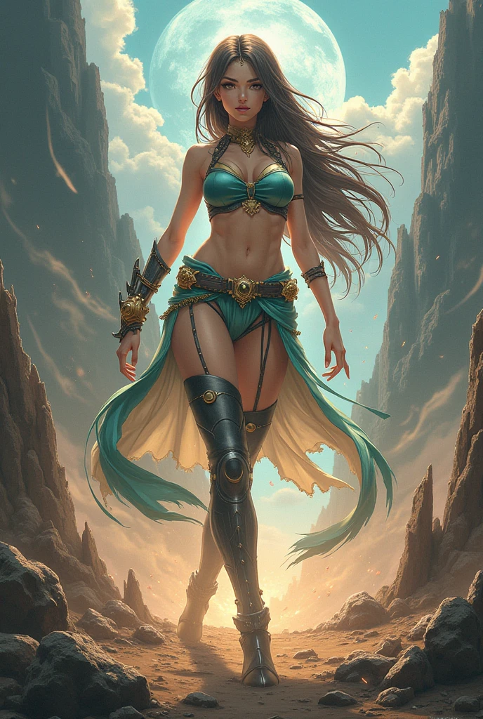 (extremely detailed, Artgerm-inspired masterpiece:1.3, wandering woman:1.2 in desert:1.2), (Alena Aenami-esque style:1.1, IG model Aly Fell-inspired:1.1), elegant, flowing, form-fitting outfit, dynamic pose, intense lighting, vibrant colors, sand particles, 8k, high resolution.