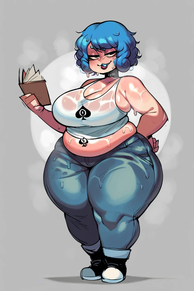 <lora:blueberry_pony_01a05-000019:1>
source_anime, score_9, score_8_up, score_7_up,
solo, 1girl, (partial blueberry inflation, multicolored skin:1.2), full body, simple background, bloated, giant belly, blush,
surprised, weight conscious, Lily, LilyDuolingo, girl, light purple hair, hair over one eye, purple nails, thin body, petite, purple sweater, purple leggings, standing, hands own on stomach