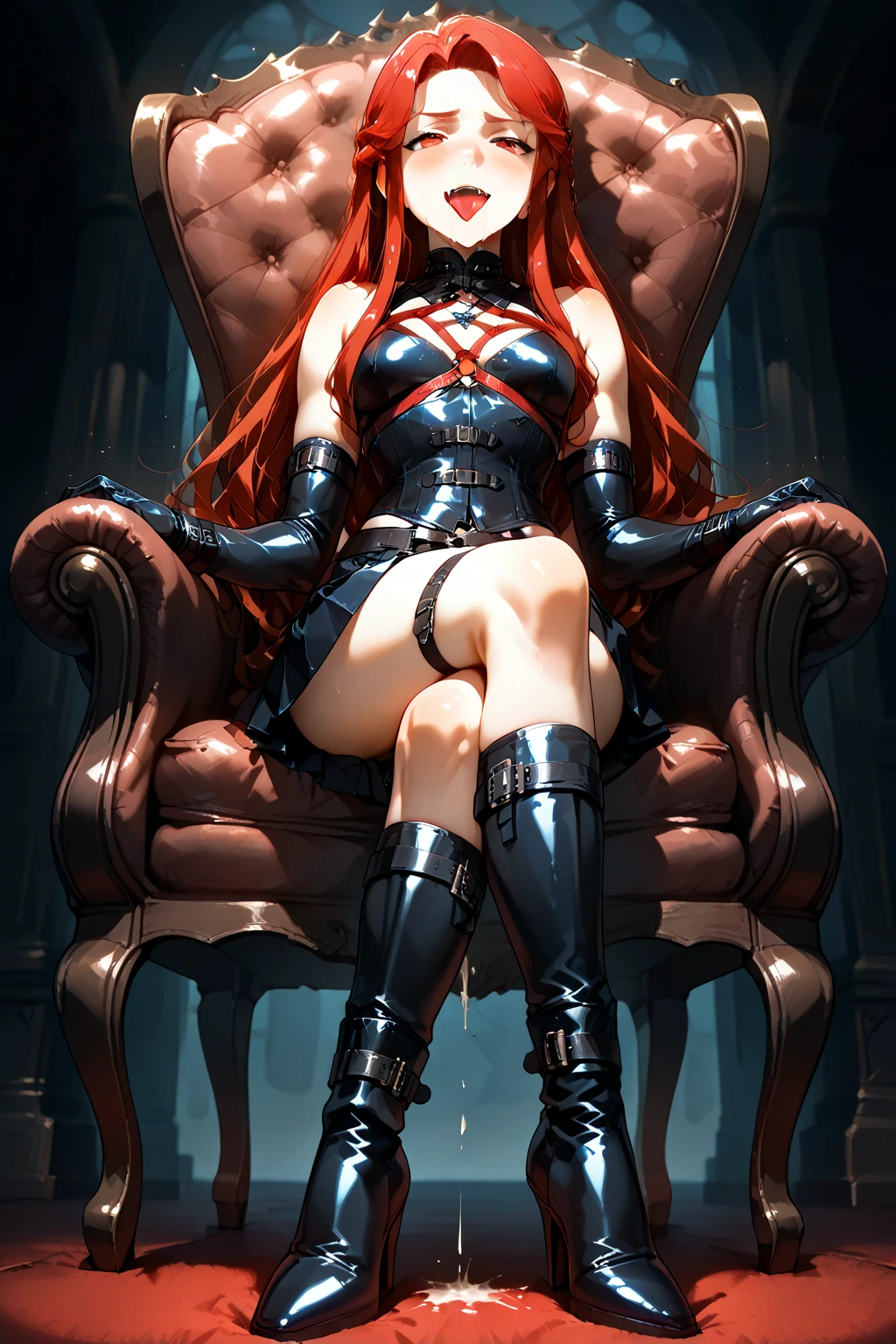 Beautiful Alluring Crimson Knight queen, Bare Skin, Body Covered With Ruby Jewels, Athletic Well Toned Body, Elegant Form, Bare Skin, Inside A Dark Throne Room, tied on a cross shaped bdsm throne, dildo entering her vagina, Barely Clothed, cleavage, vissible breasts, Spikes, long leather red gloves, thigh high leather red boots, Beautiful Face, Ominous Gothic Theme, Fiverr Dnd Character, Octane Render, Digital Art, Extreme Detail, 4k, Ultra Hd, Polished, Beautiful, Hyperdetailed, Intricate, Elaborate, Meticulous, Photorealistic, Sharp Focus, Wlop, Character Design, Unreal Engine, 3d Rendered, Volumetric Lighting, Reflections, Glossy, Digital Illustration, Pose, Suggestive Pose, Lewd, Full Body Shot, very small breasts, a cup breast size, naked, vissible nipples, puffy vagina, pierced nipples, nipple jewellry anatomically correct 💖❤💕💋❣