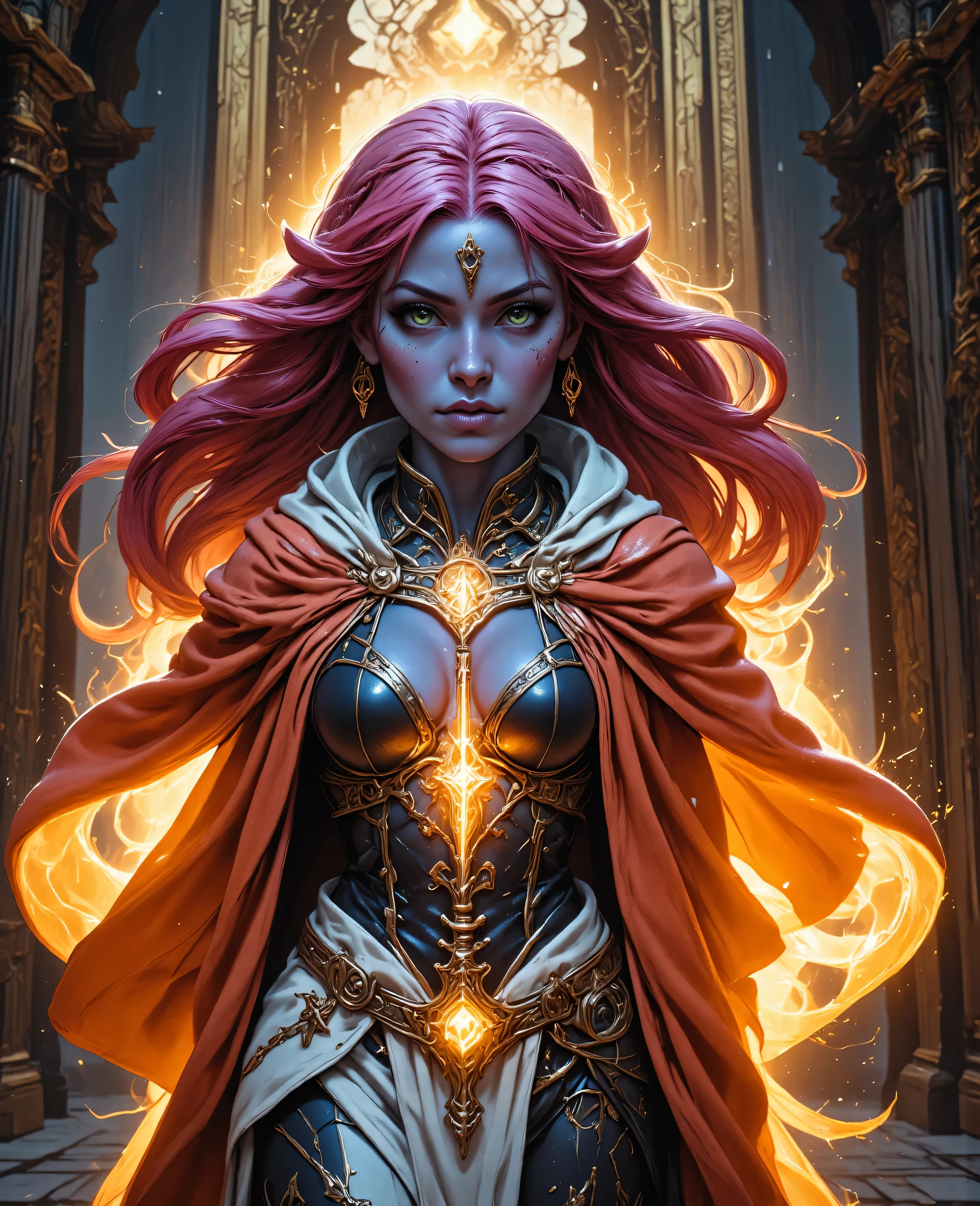 midjourney ,zavy-ctcmcs,hyp3rd3tail style,Niji Stan Katayama Style, picture of a female cleric ((dark blue skin)), intense details facial details, exquisite beauty, cleric, ((dark blue skin)) female, ((pink hair)), long hair, (((no ears))), (green eyes)), armed with a fiery sword red fire, wearing (twilight priestly combat vestments), wearing white armor, wearing high heeled laced boots, wearing white armor, wearing an (orange cloak:1.3), wearing glowing holy symbol, fantasy art, dnd art, RPG art, wide shot, (masterpiece: 1.4) intense details, highly detailed, photorealistic, best quality, highres, within fantasy temple background, reflection light, high details, best quality, 16k, [ultra detailed], masterpiece, best quality, (extremely detailed), close up, ultra wide shot, photorealistic, RAW, fantasy art, dnd art, fantasy art, realistic art,((best quality: 1.5)), ((masterpiece: 1.5)), (detailed), perfect face, strapless, lace up stilettos, fantasy, Fantasy background portrait of  a female vampire courier, carrying a dark and bloody box, extremely beautiful, dark hair, long hair, pulled back hair, red eyes, jewelry, chocker, wearing intricate red and black dress, photorealistic, fantasy art, RPG art, (ultra detailed, Masterpiece, best quality, fantasy art), standing at the door of the fantasy goth house at night, fantasy art, high details, best quality, 16k, [ultra detailed], masterpiece, best quality, (ultra detailed), full body, ultra wide shot, photorealistic, fantasy art, perfect face, perfect body 